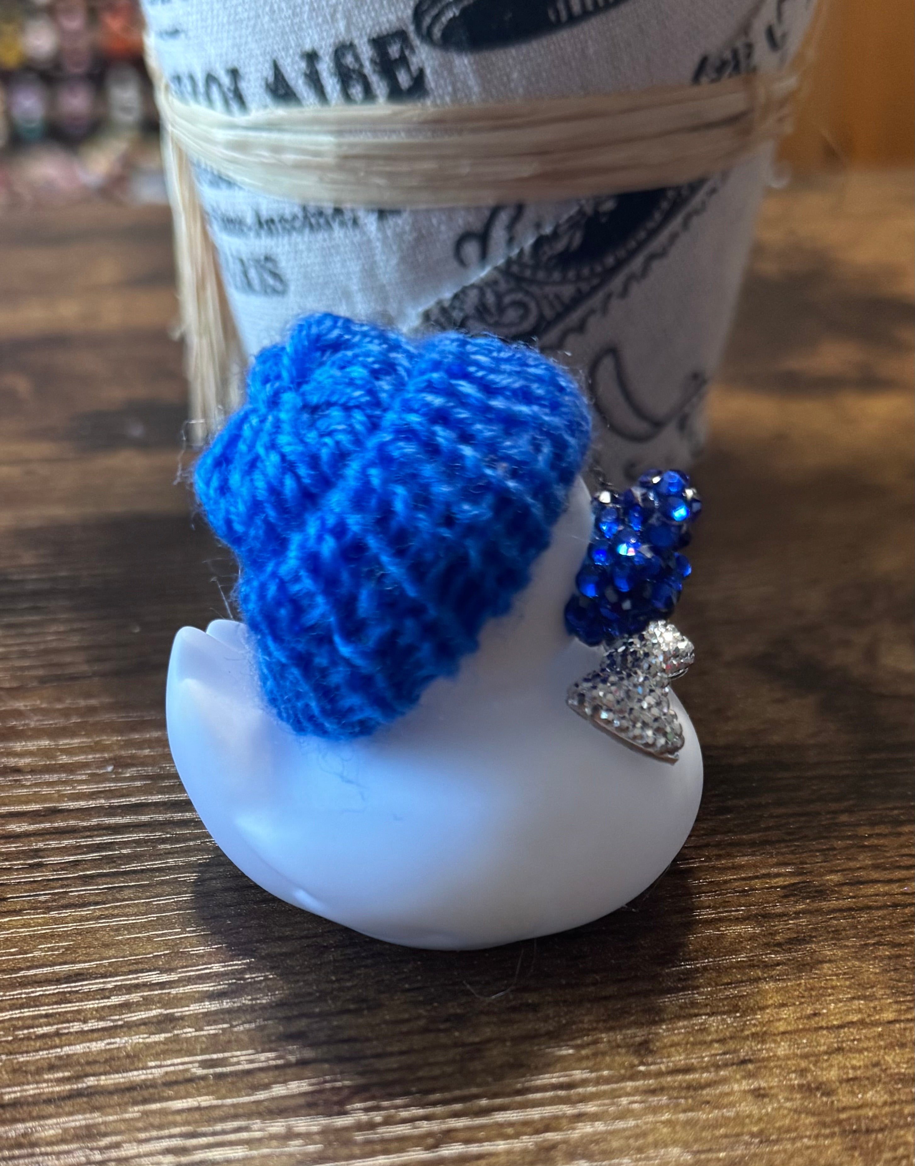 Blue beanie hat with bow tie Rhinestone bling duck