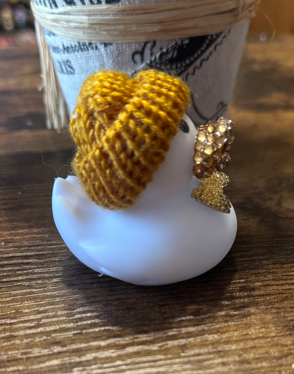 Gold beanie hat with bow tie Rhinestone bling duck