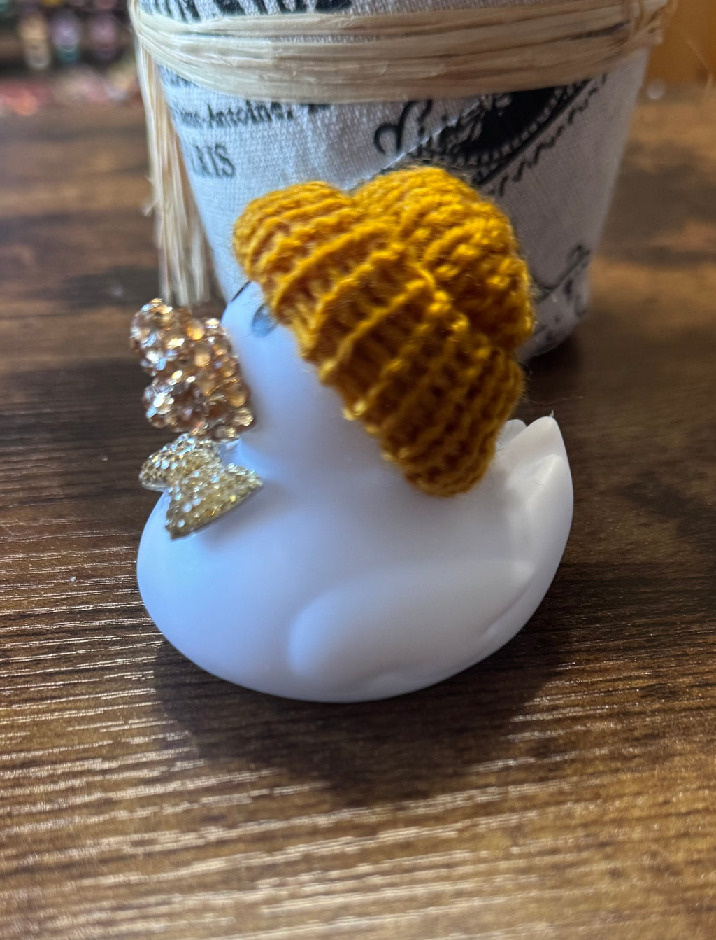 Gold beanie hat with bow tie Rhinestone bling duck