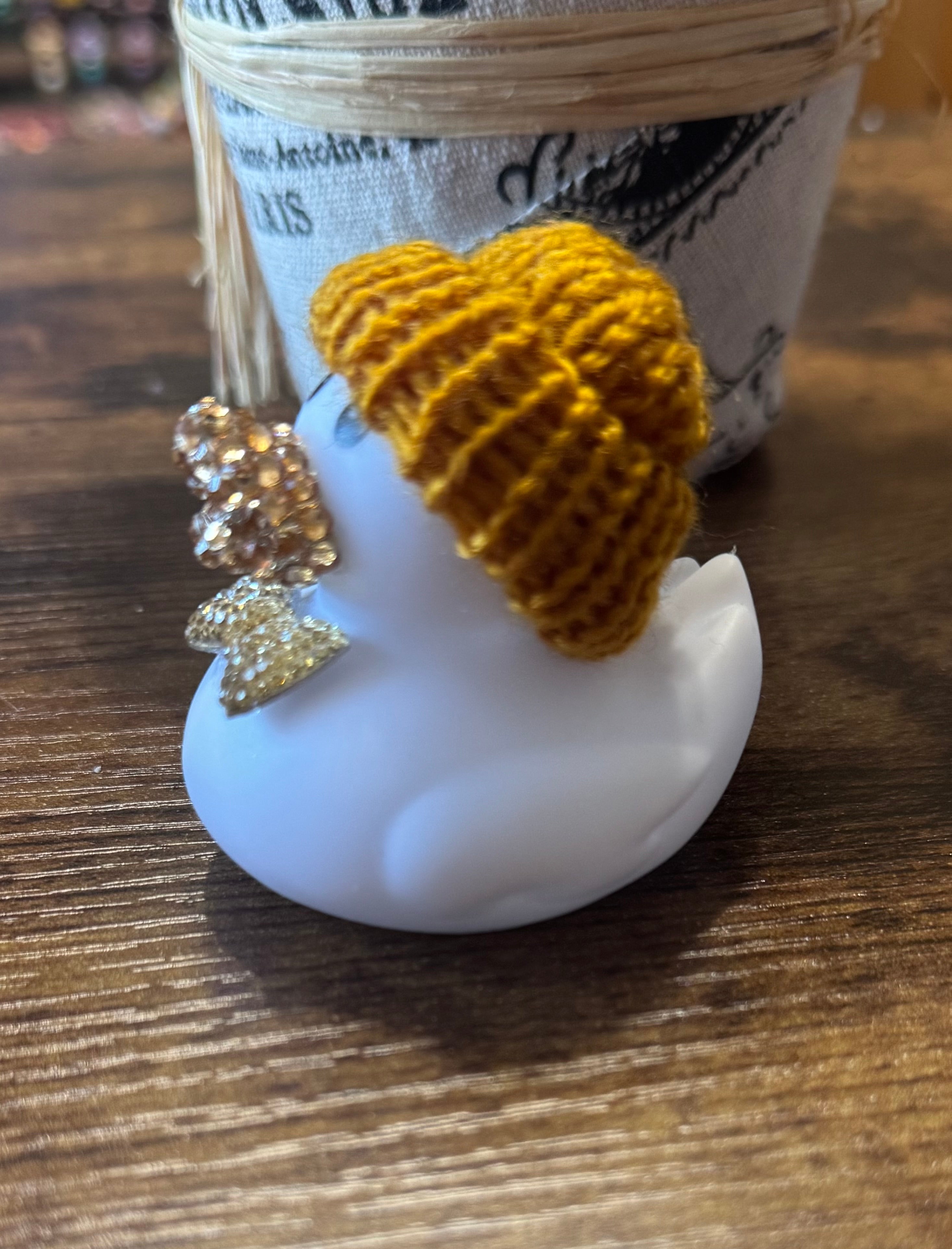 Gold beanie hat with bow tie Rhinestone bling duck