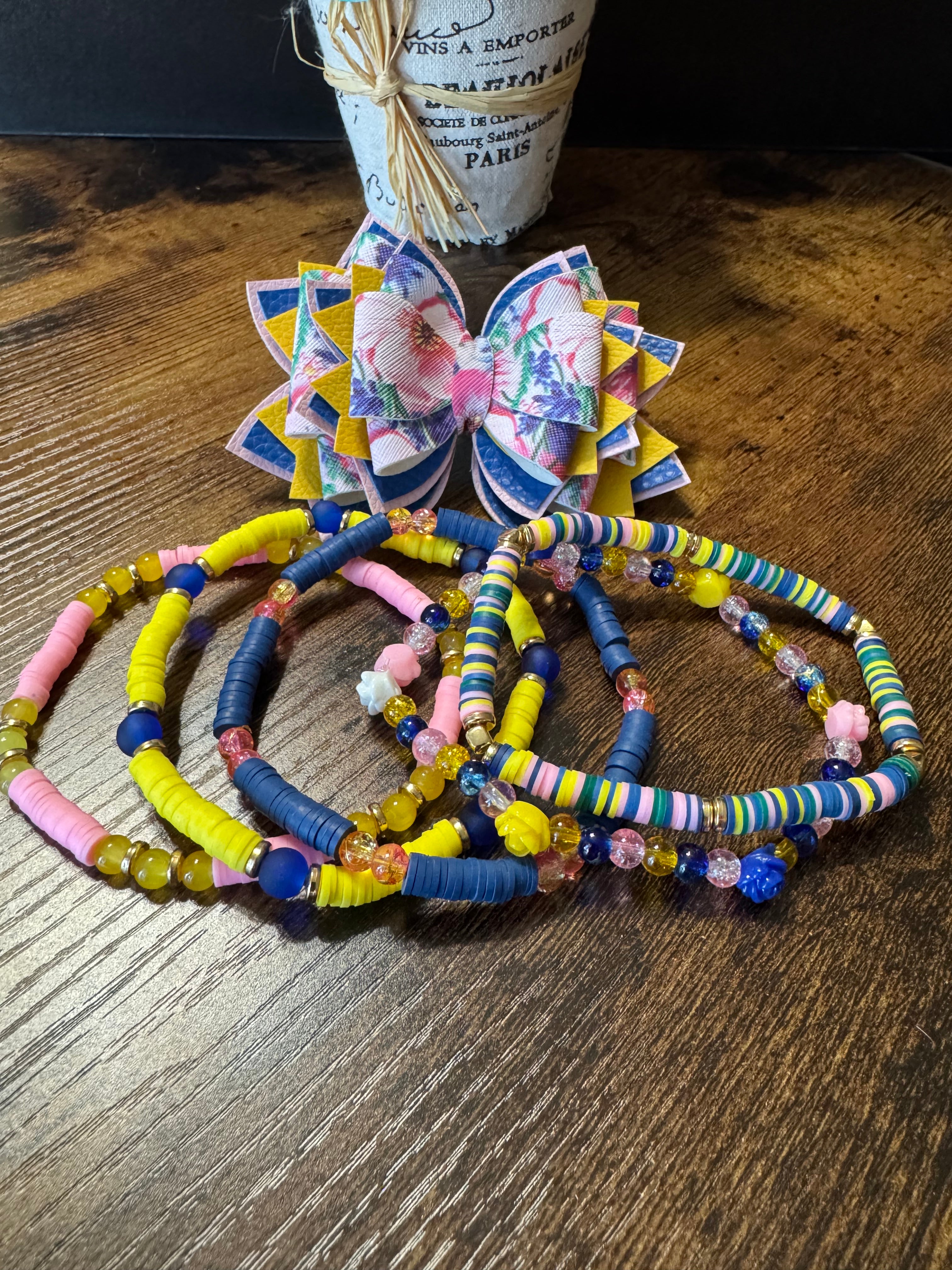 Yellow, blue, pink flower Stanley, Tumbler Bow and boot bracelet set