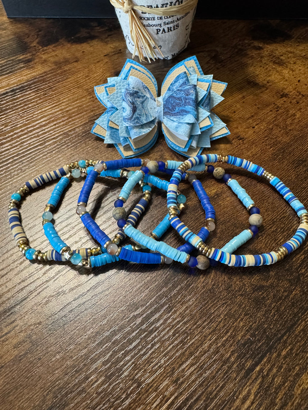 Marble blue and tan Stanley, Tumbler Bow and boot bracelet set