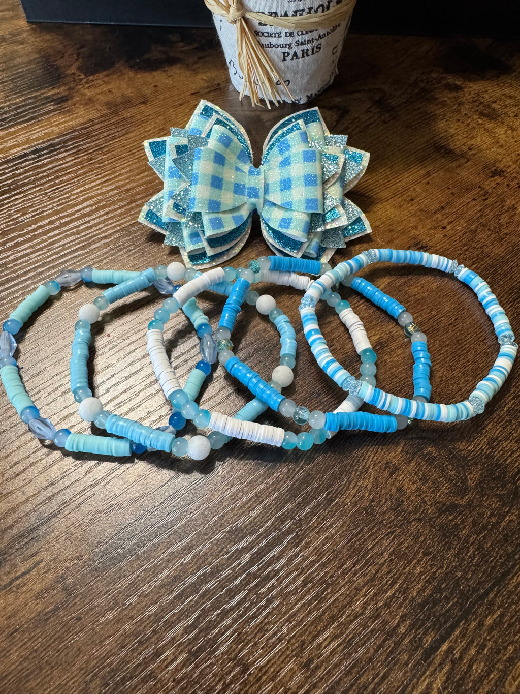 Blue Checkered sparkling Stanley, Tumbler Bow and boot bracelet set
