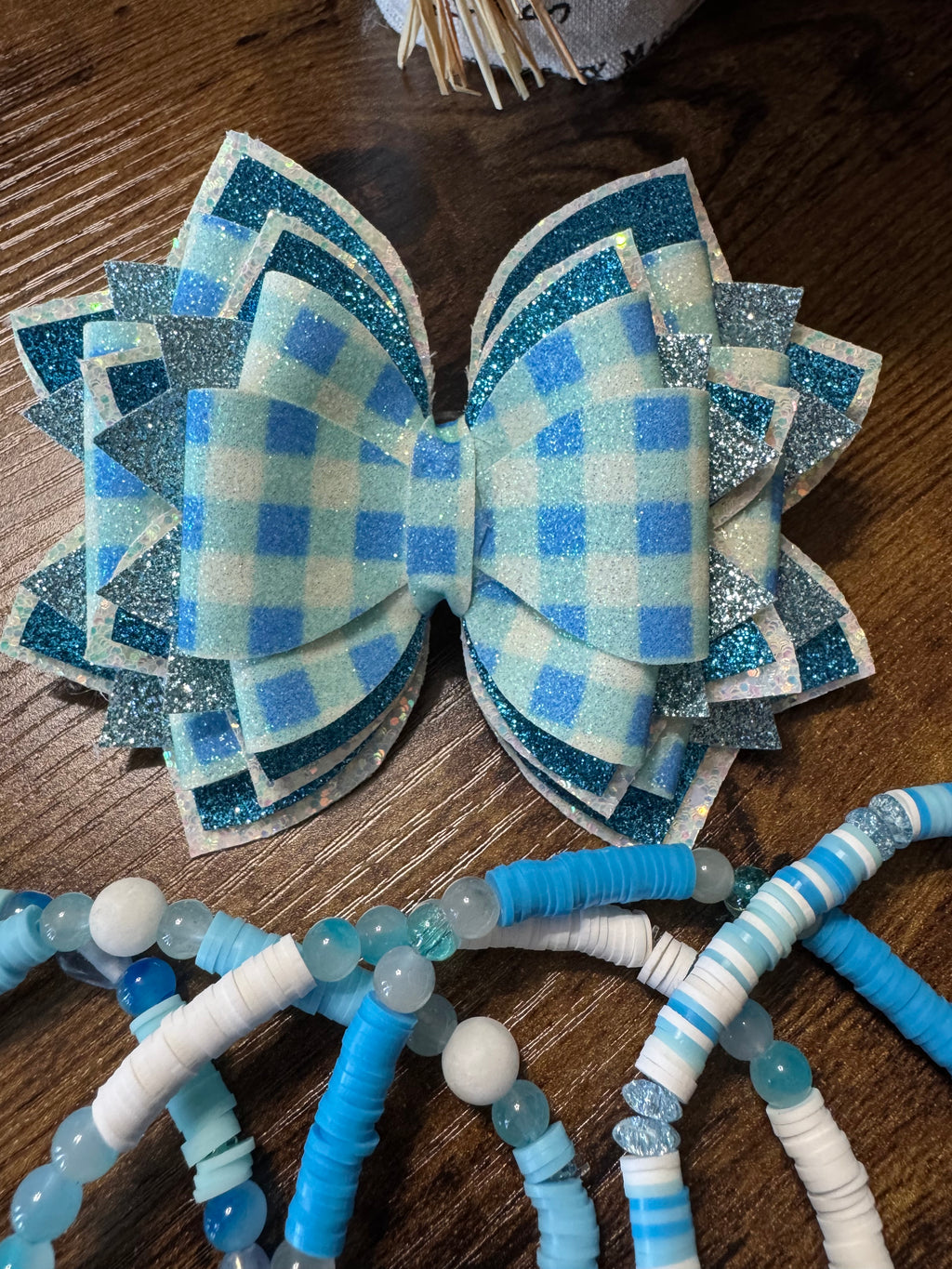 Blue Checkered sparkling Stanley, Tumbler Bow and boot bracelet set