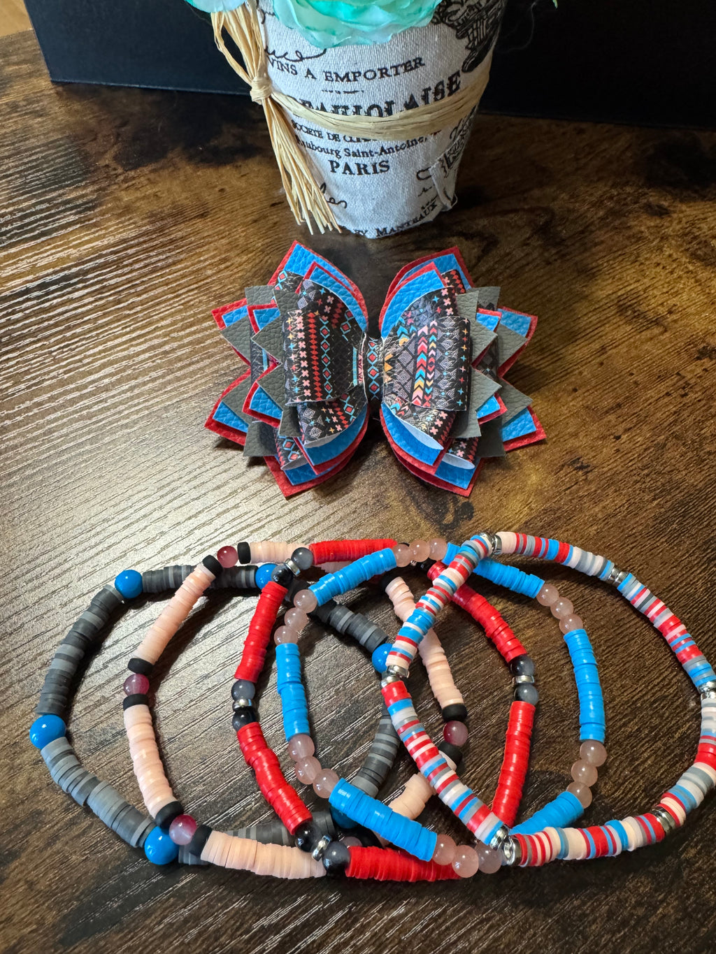 Blue, red pattern Stanley, Tumbler Bow and boot bracelet set