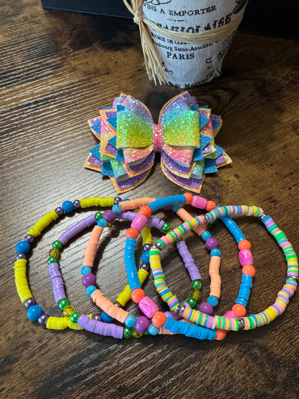 Beautiful bright Neon rainbow glittery bling Stanley, Tumbler Bow and boot bracelet set