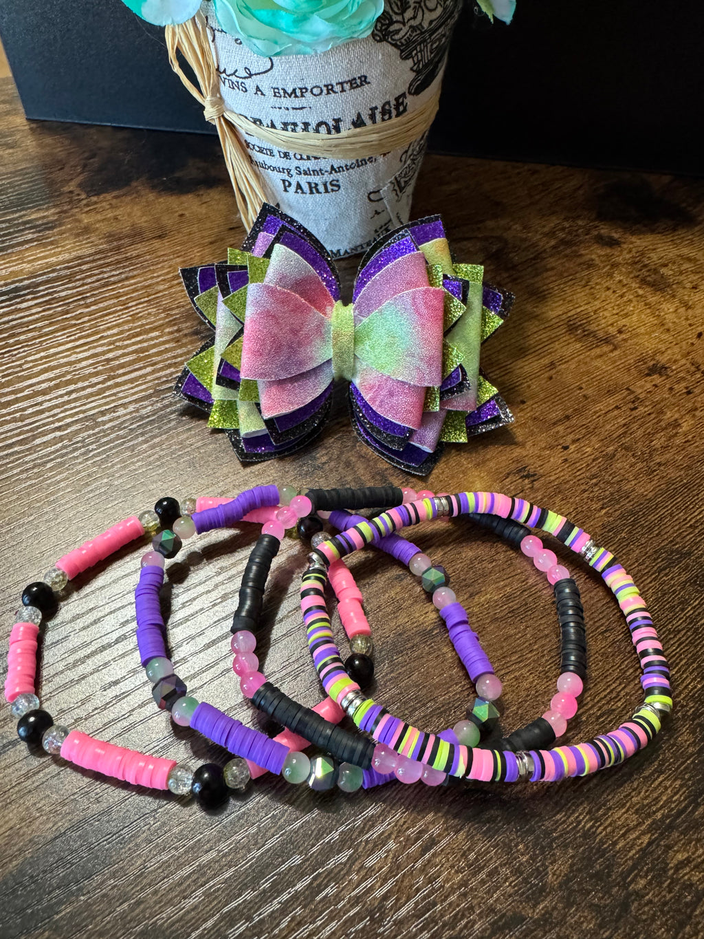 Bright pink, green, purple unique pattern glittery bling Stanley, Tumbler Bow and boot bracelet set