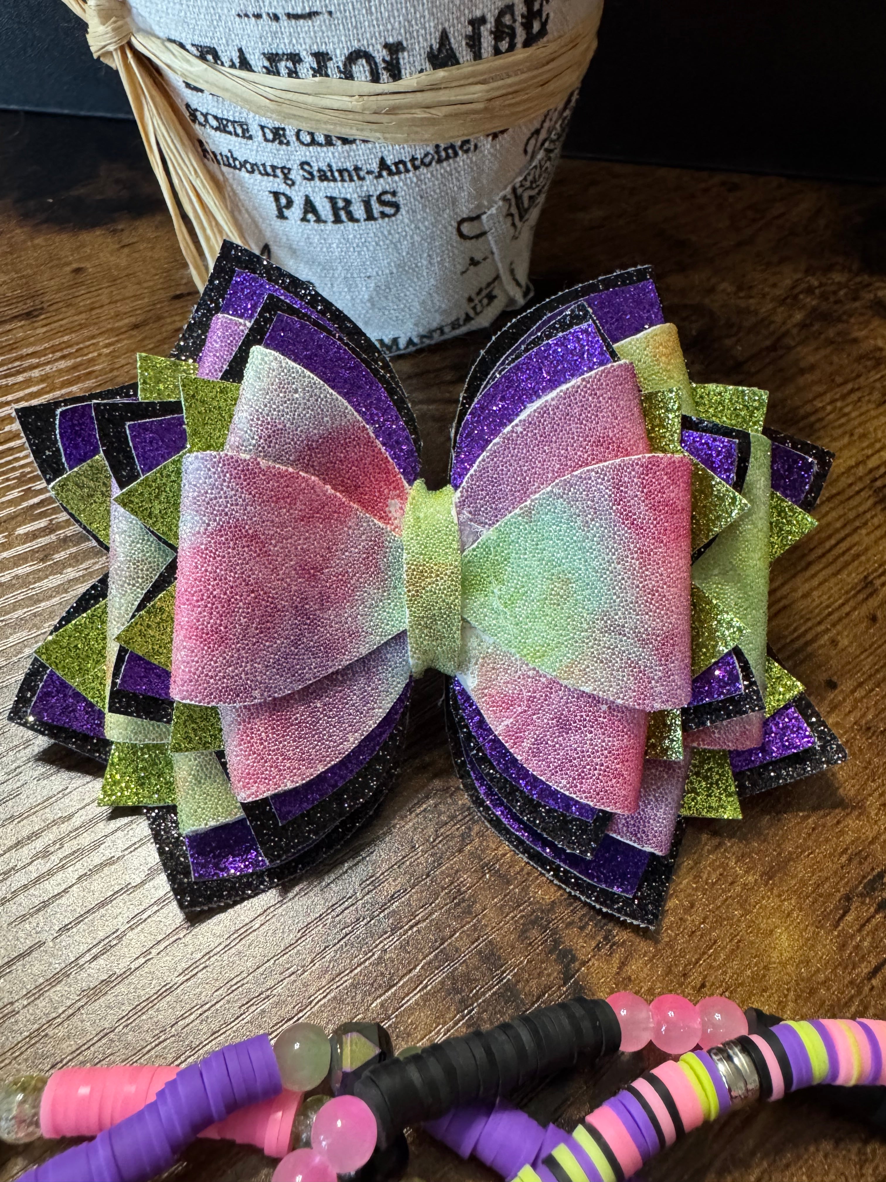 Bright pink, green, purple unique pattern glittery bling Stanley, Tumbler Bow and boot bracelet set