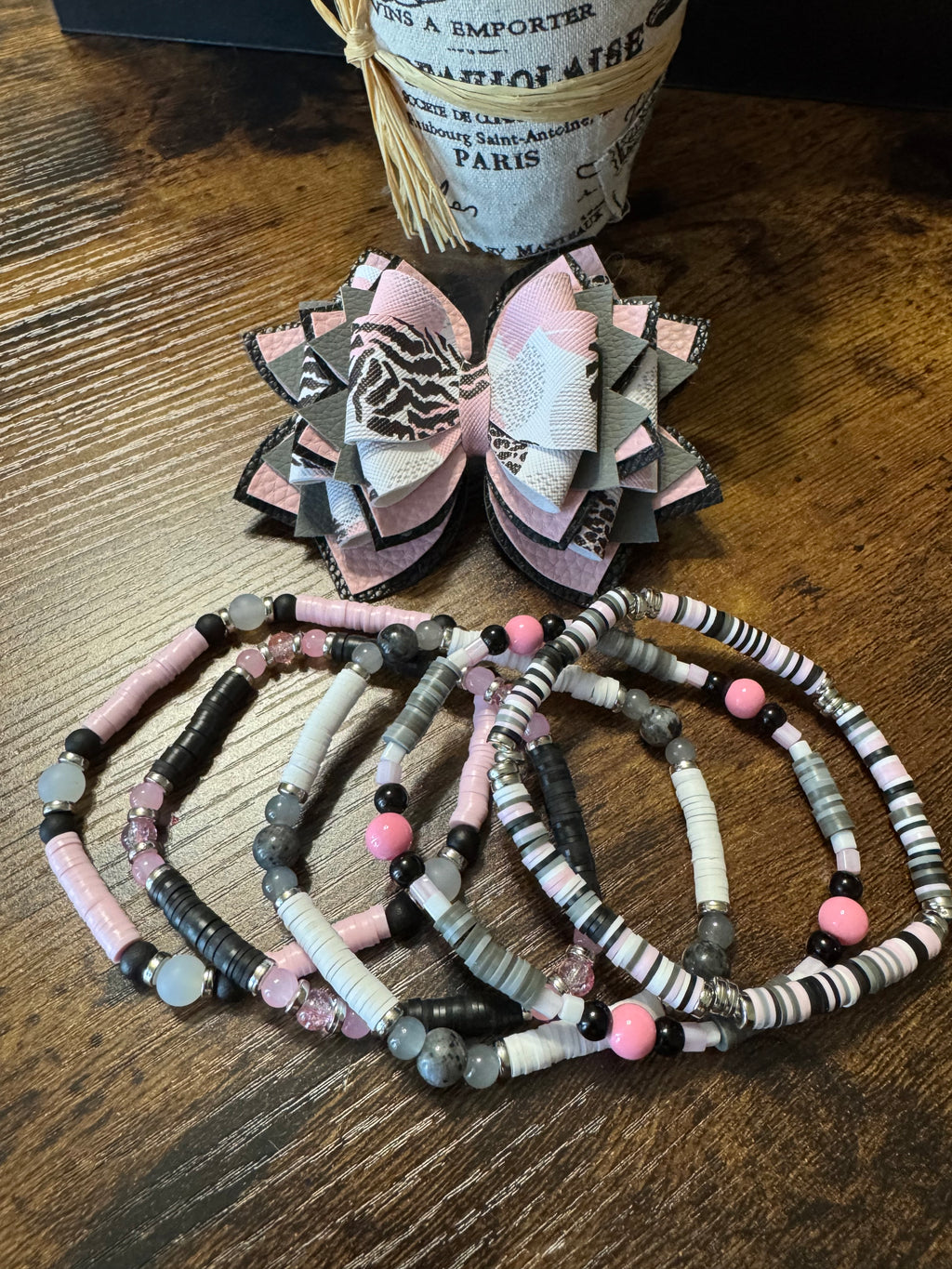 Pink grey animal print Stanley, Tumbler Bow and boot bracelet set