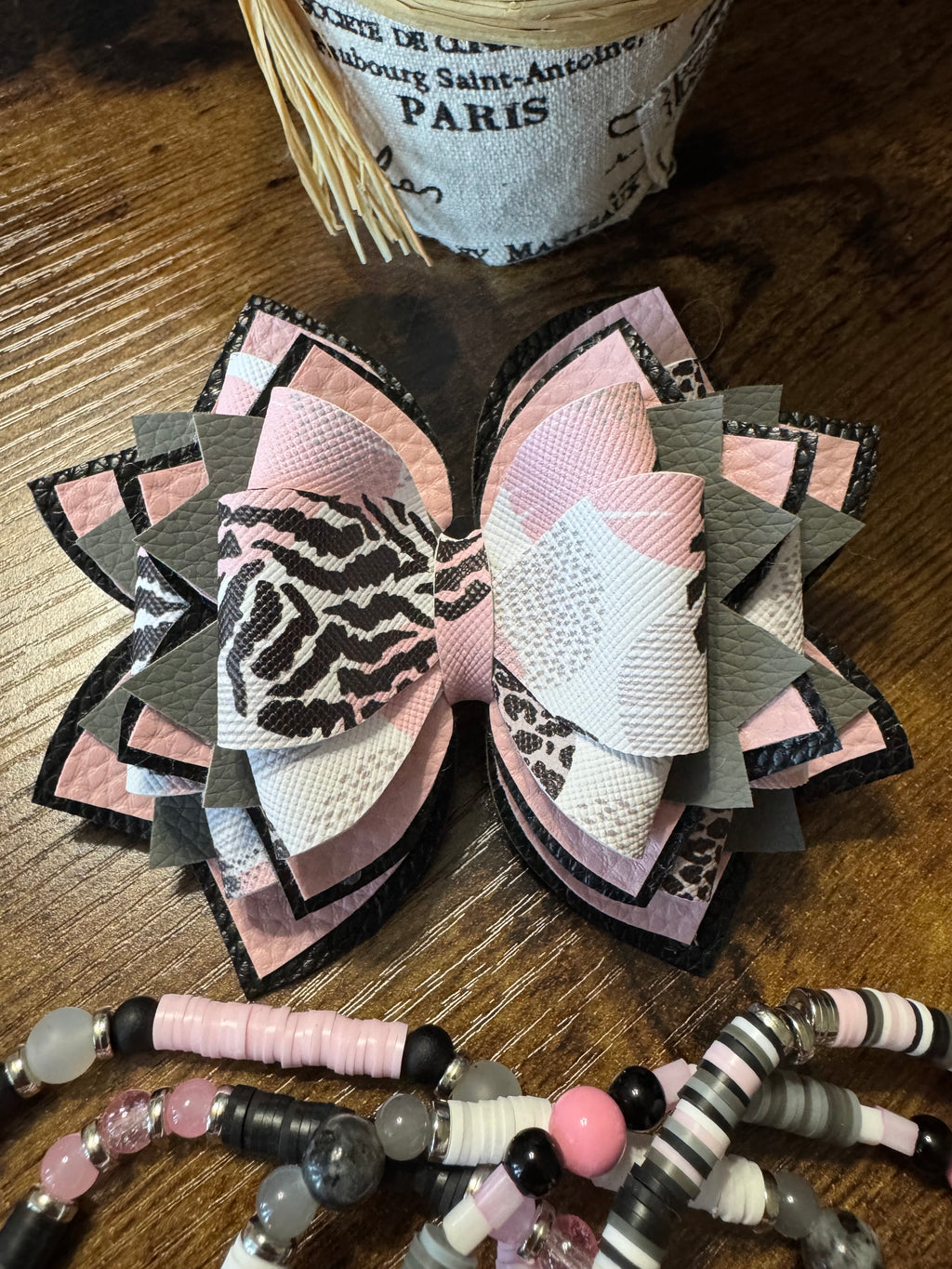 Pink grey animal print Stanley, Tumbler Bow and boot bracelet set