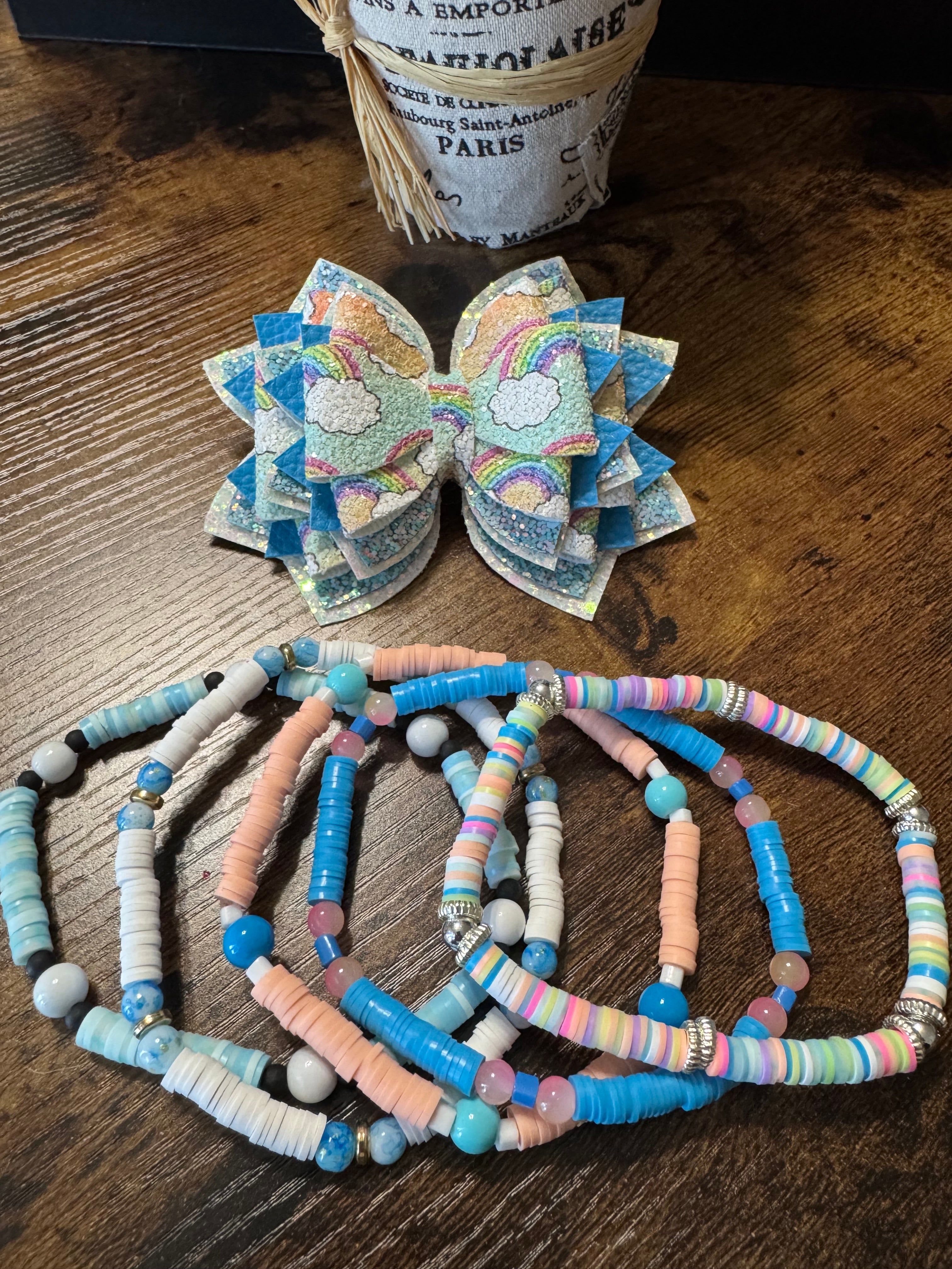 Light blue and rainbow glitter Stanley, Tumbler Bow and boot bracelet set