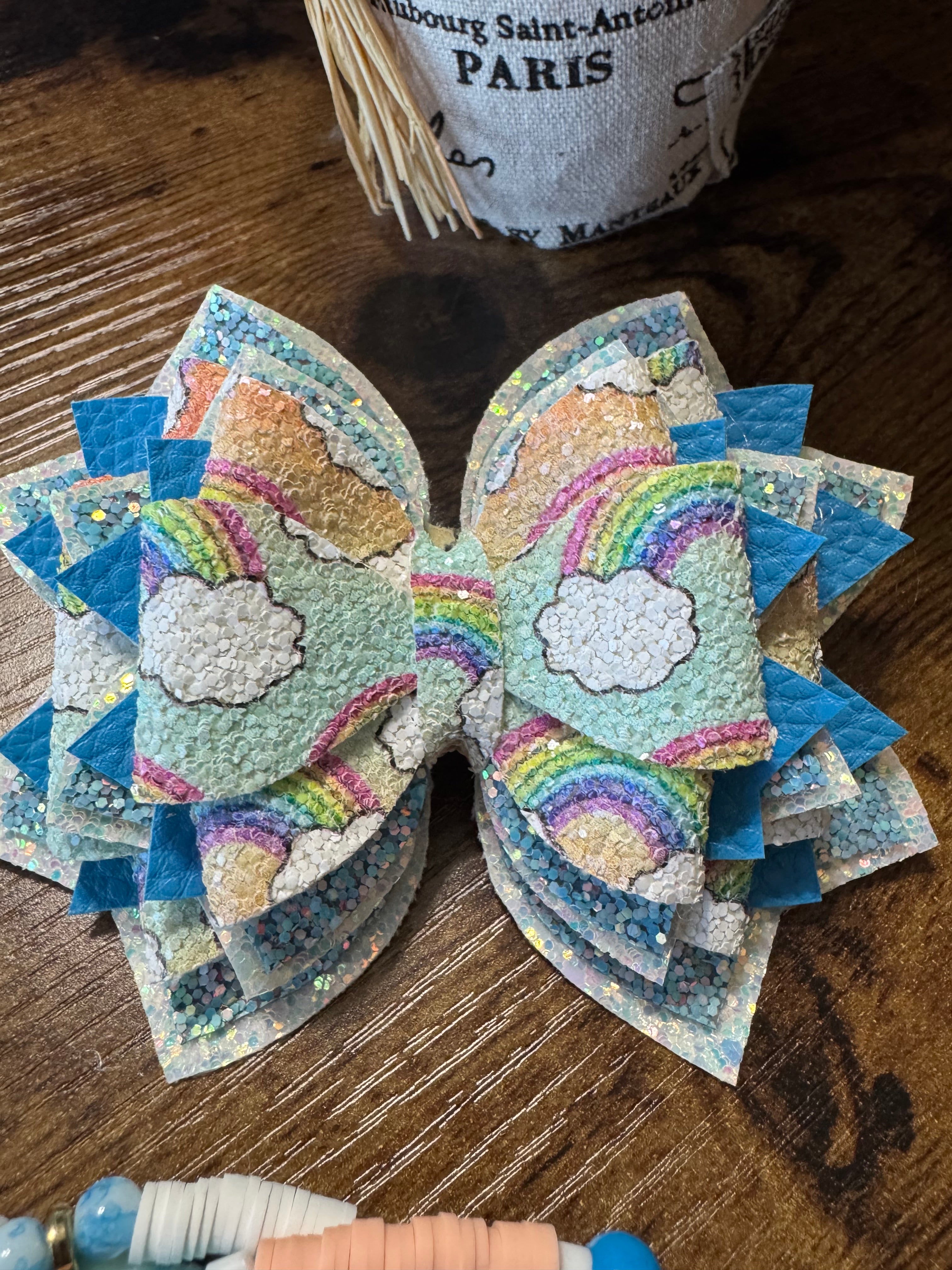 Light blue and rainbow glitter Stanley, Tumbler Bow and boot bracelet set