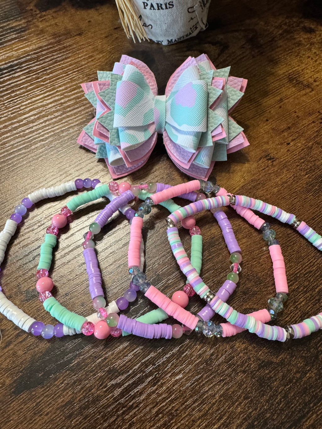 Pastel pink, mint, lavender leopard print Stanley, Tumbler Bow and boot bracelet set