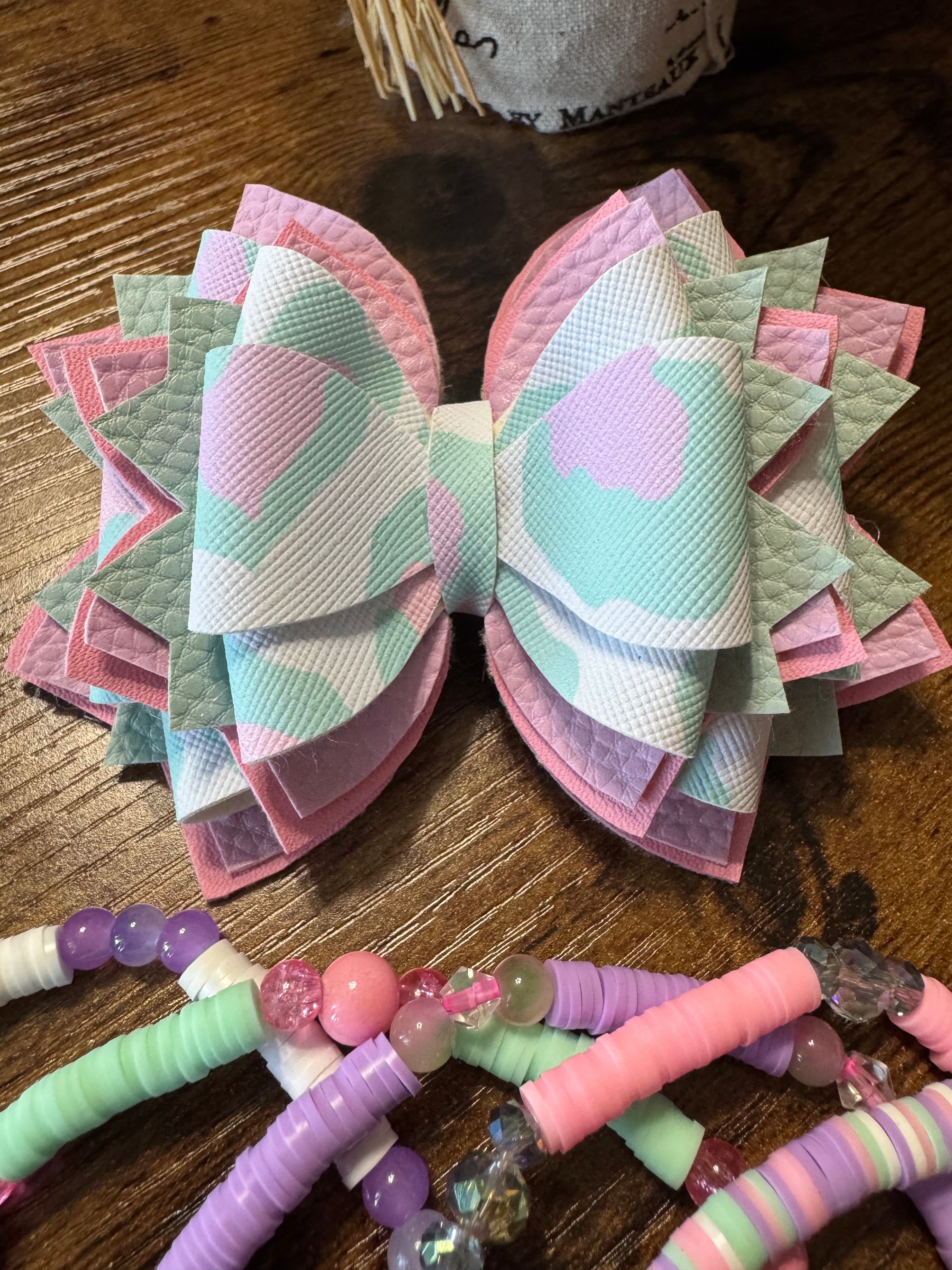 Pastel pink, mint, lavender leopard print Stanley, Tumbler Bow and boot bracelet set