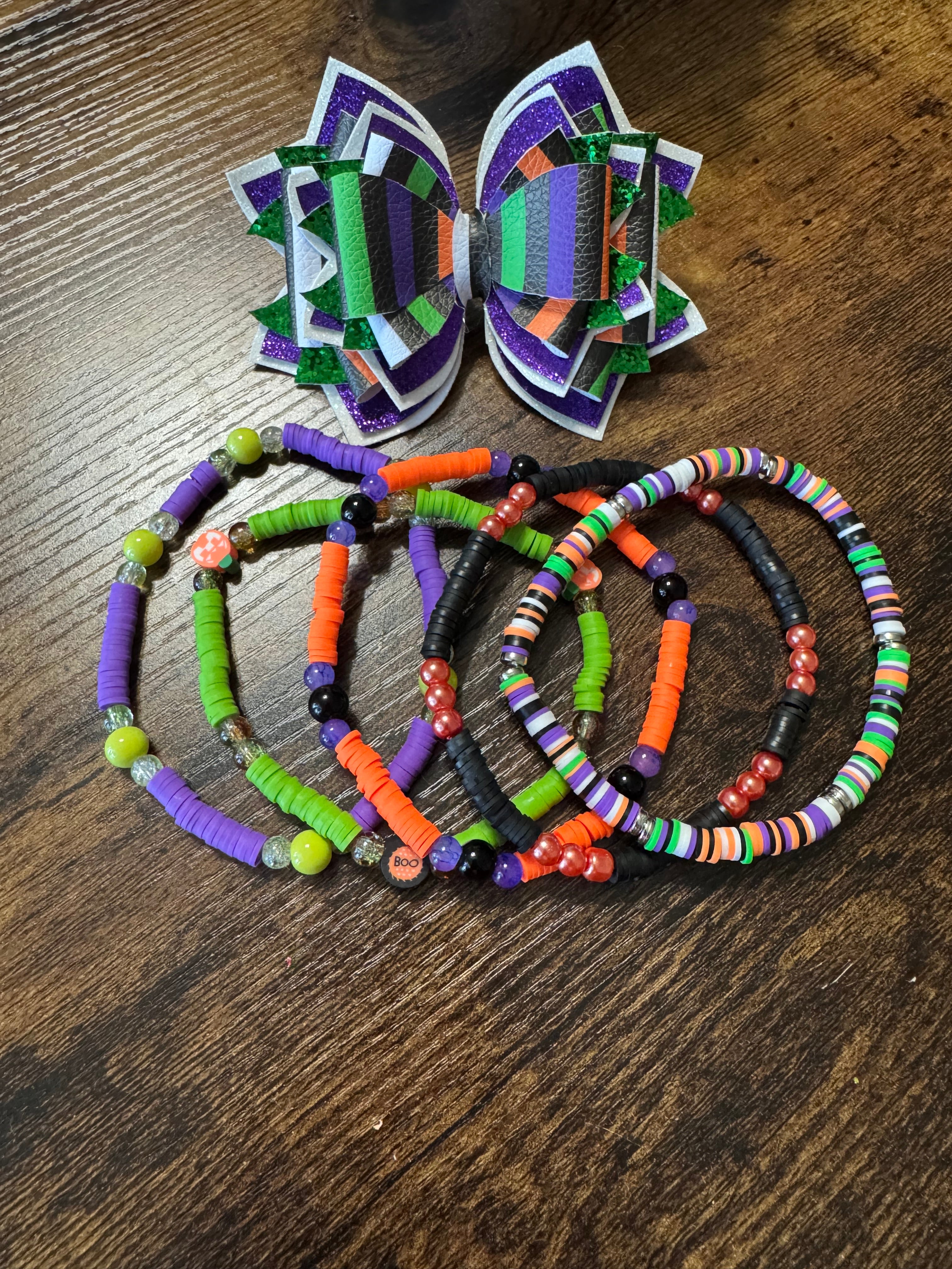 Purple, black, white striped glittery Stanley, Tumbler Halloween Bow and boot bracelet set