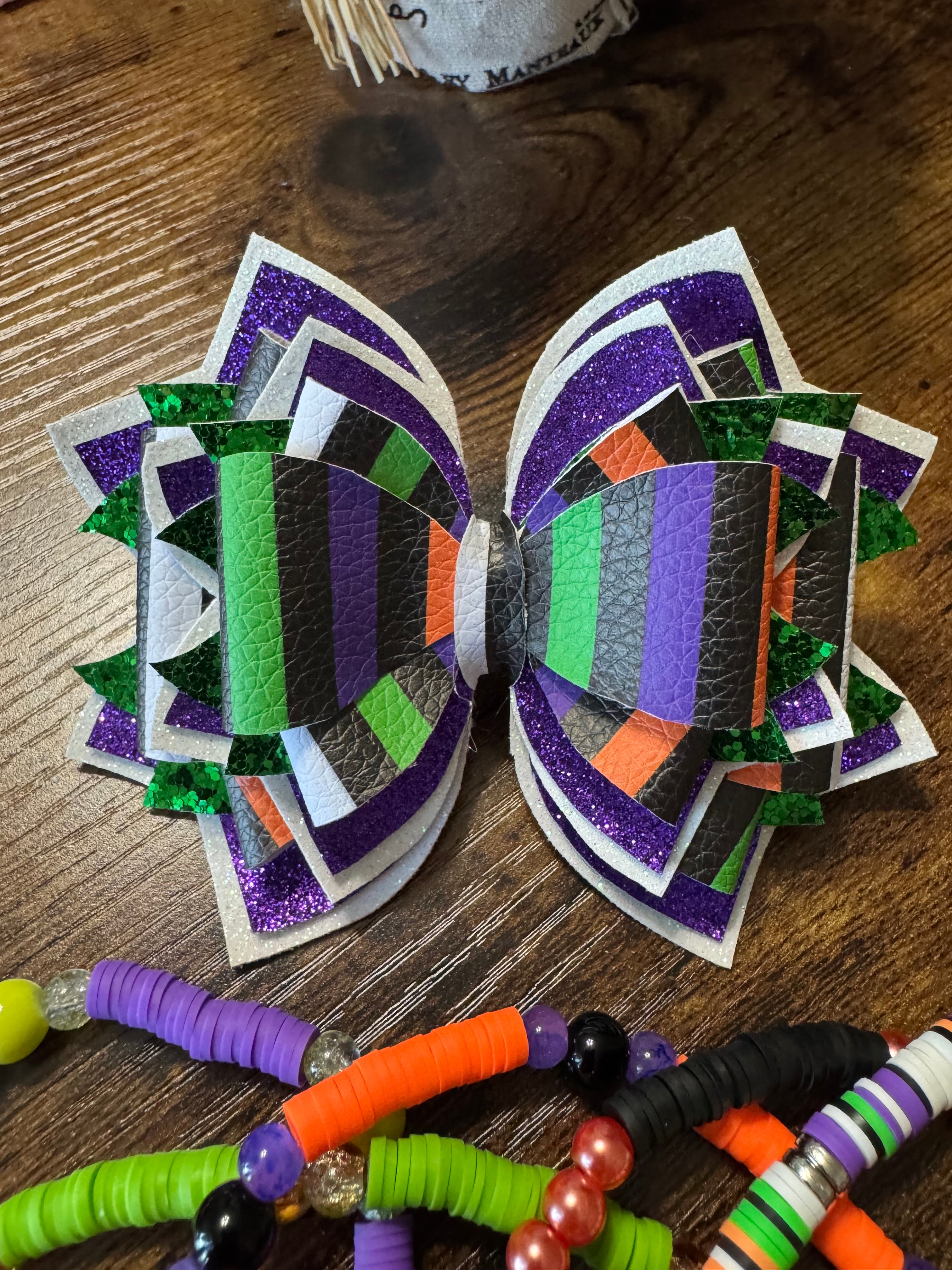 Purple, black, white striped glittery Stanley, Tumbler Halloween Bow and boot bracelet set