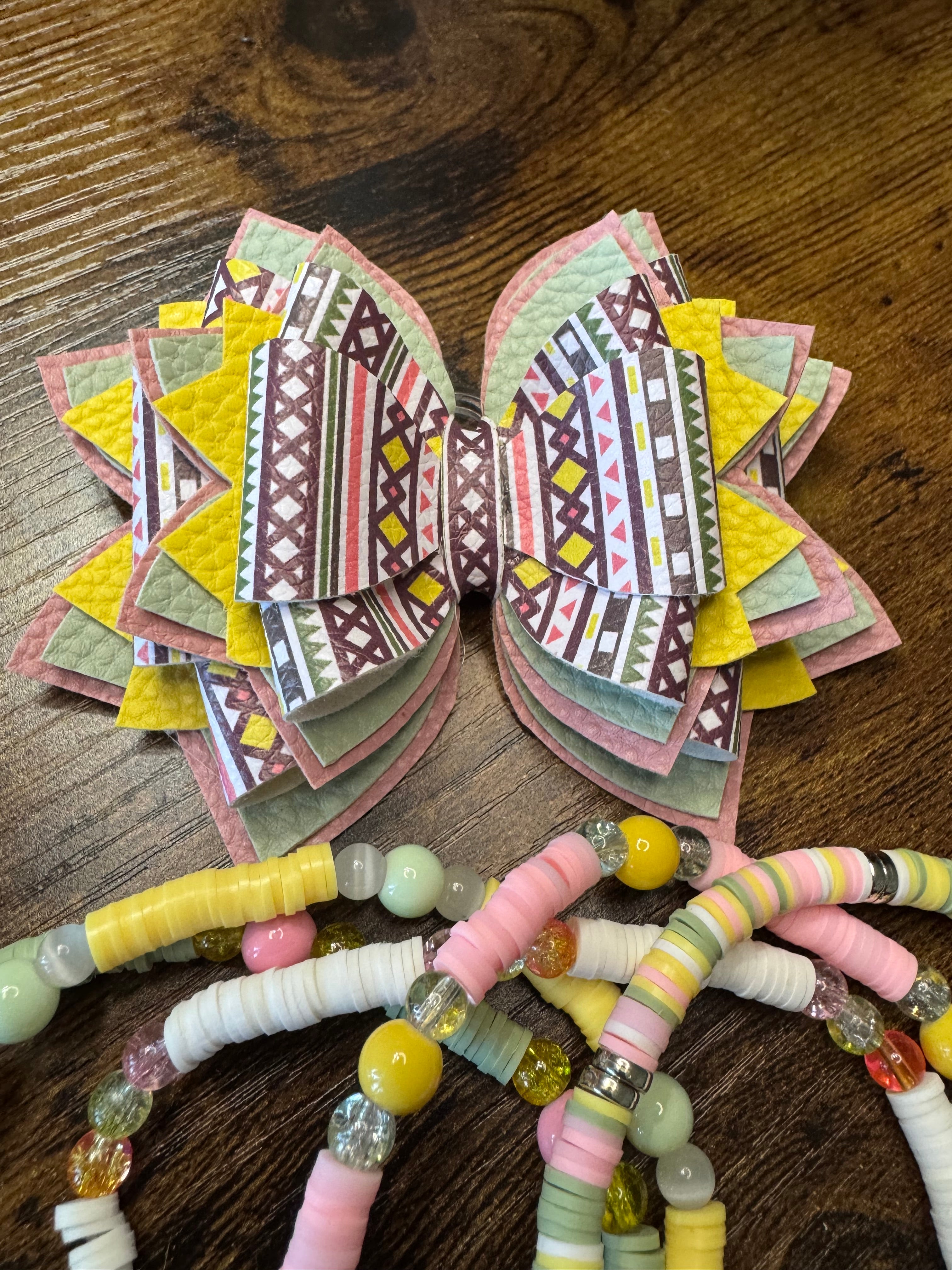 Yellow and sage patterned Stanley, Tumbler Bow and boot bracelet set