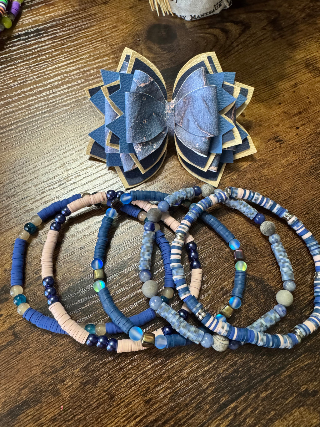 Navy Marble blue and tan Stanley, Tumbler Bow and boot bracelet set