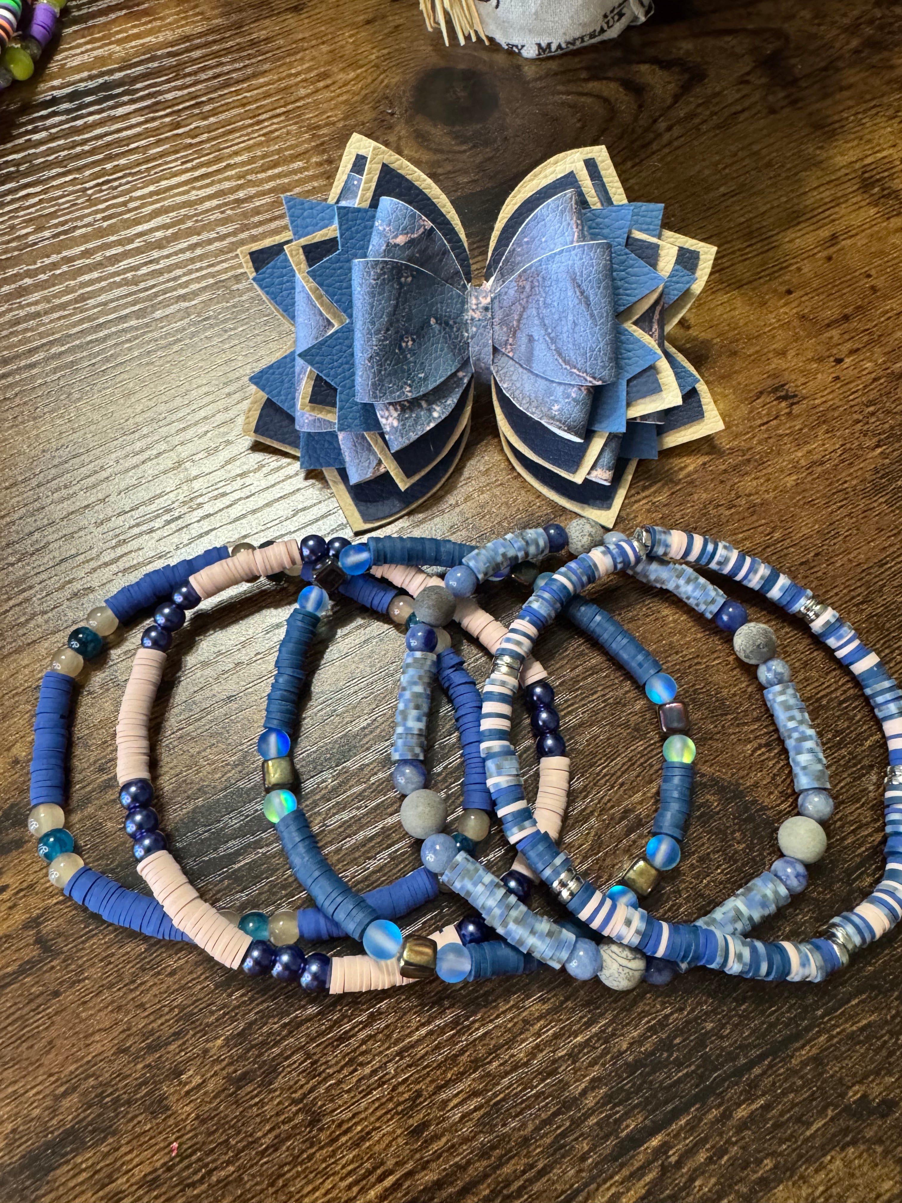 Navy Marble blue and tan Stanley, Tumbler Bow and boot bracelet set