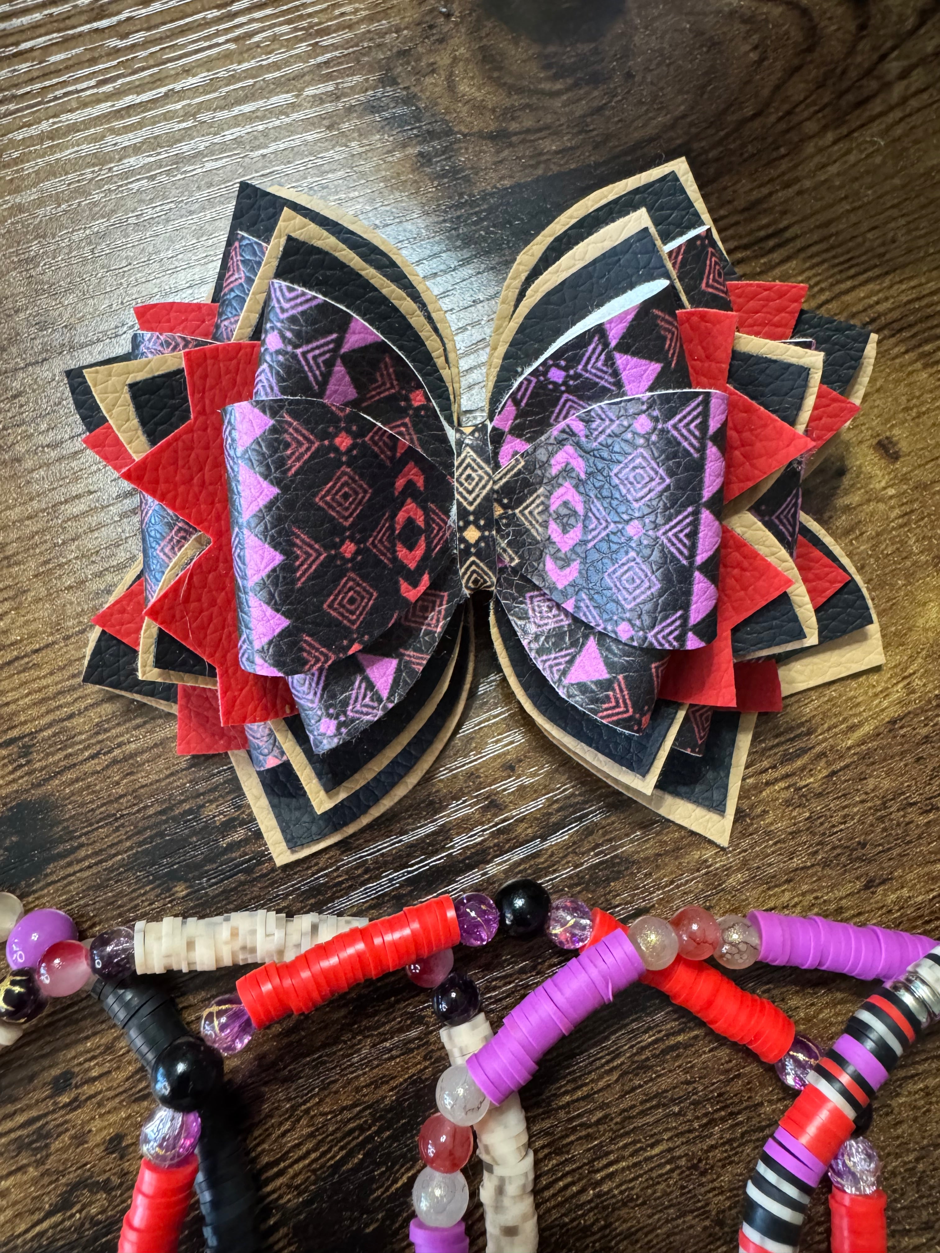 Red, black, tan patterned Stanley, Tumbler Bow and boot bracelet set