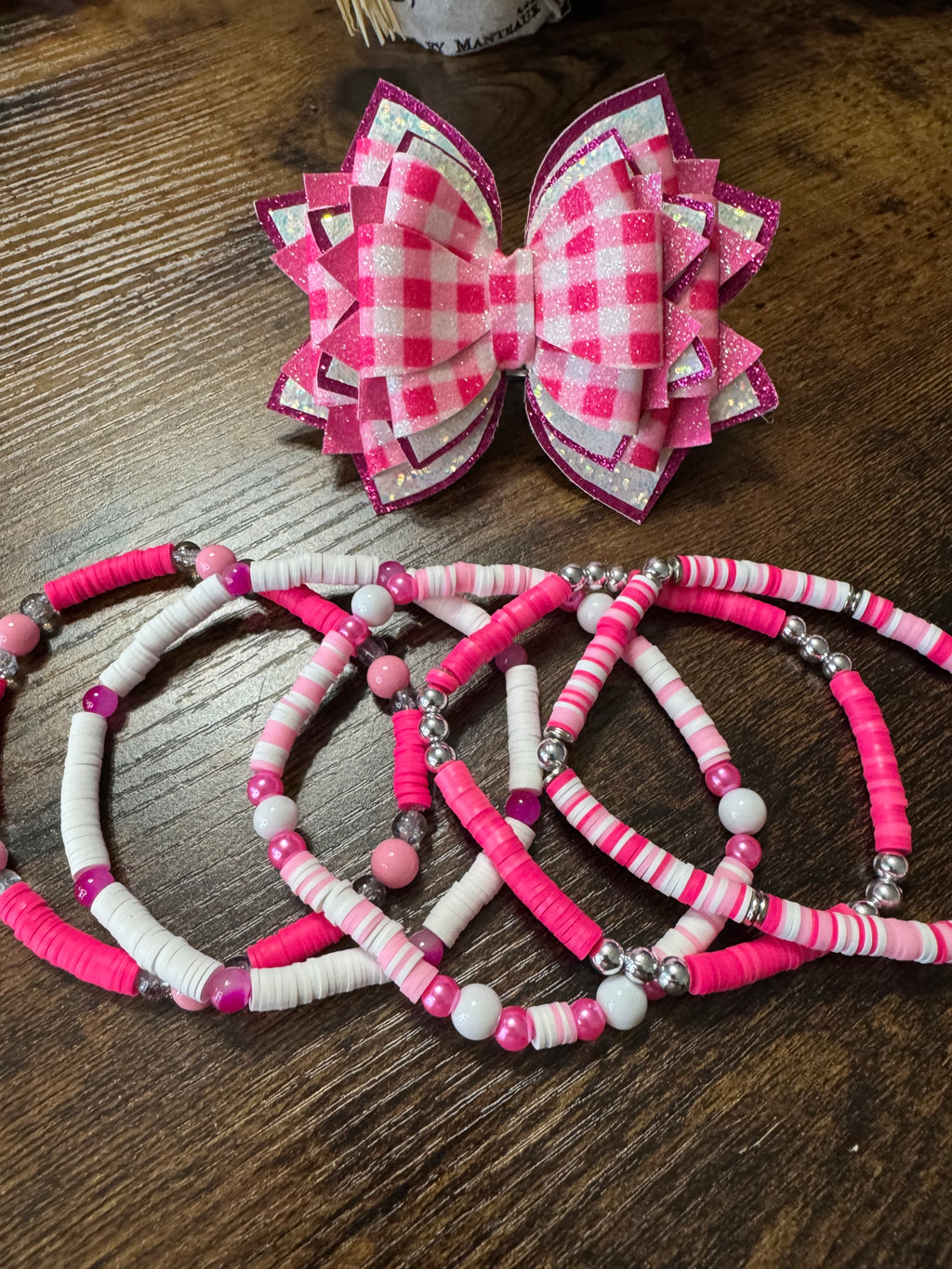 Pink checkered glitter, sparkling, bling Stanley, Tumbler Bow and boot bracelet set