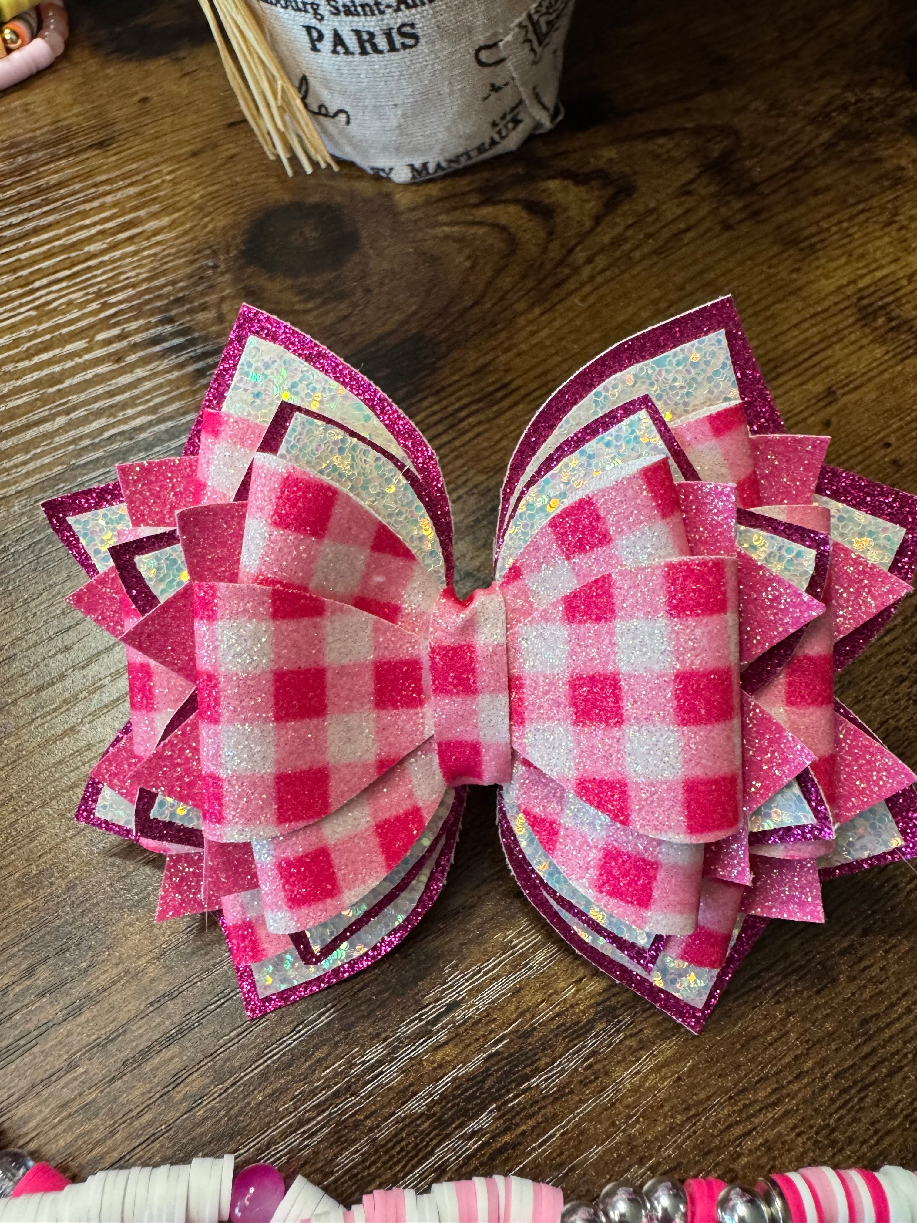 Pink checkered glitter, sparkling, bling Stanley, Tumbler Bow and boot bracelet set