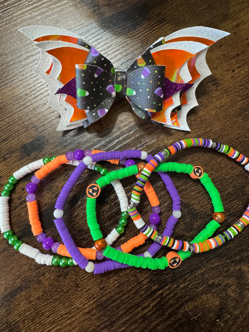 Candy corn orange, purple, white bat glittery Stanley, Tumbler Halloween Bow and boot bracelet set