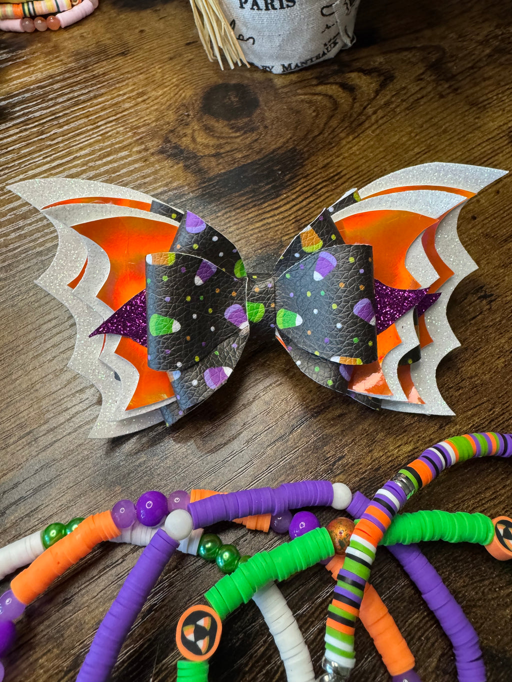 Candy corn orange, purple, white bat glittery Stanley, Tumbler Halloween Bow and boot bracelet set