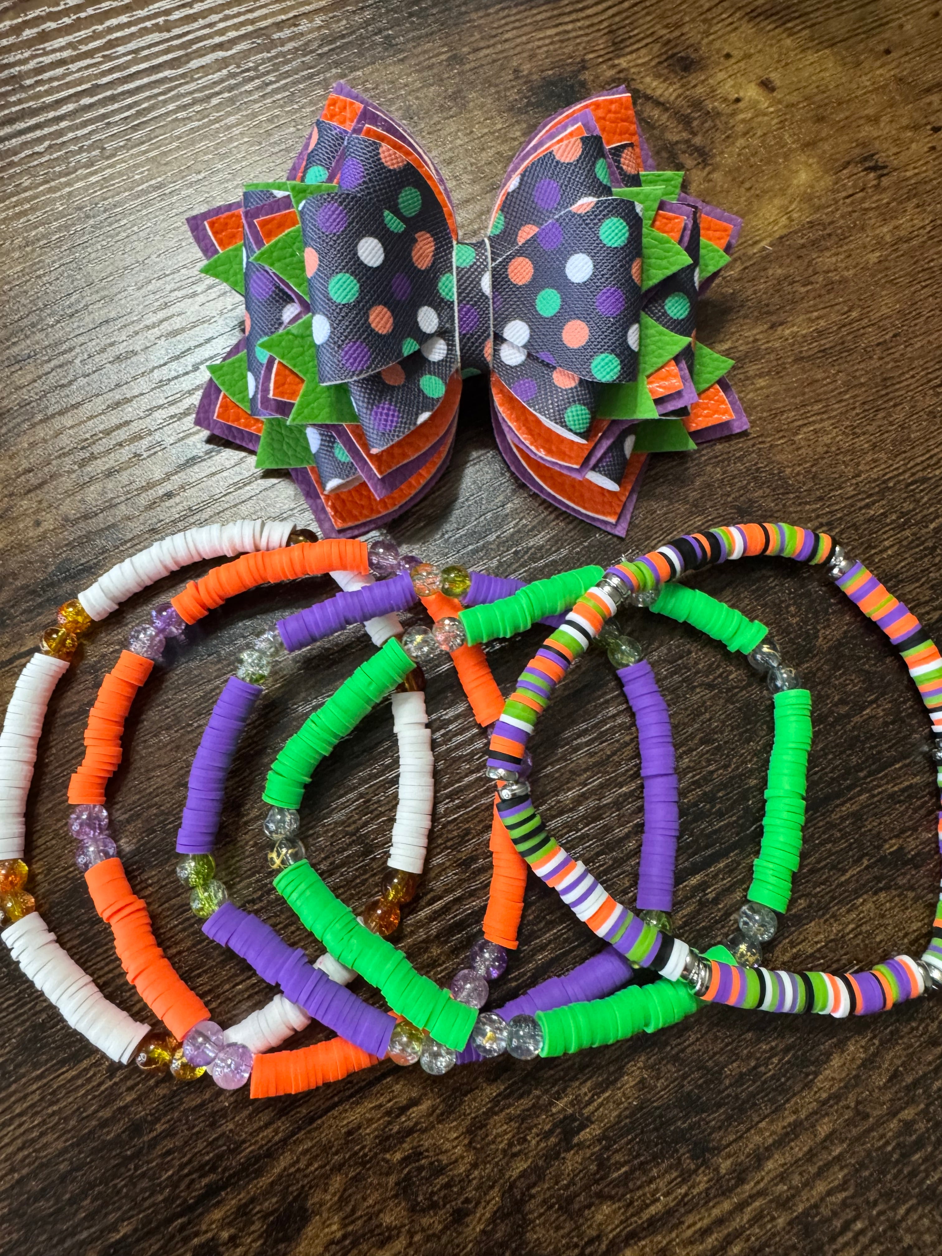 Green, oranges, purple polka dot Stanley, Tumbler Bow and boot bracelet set