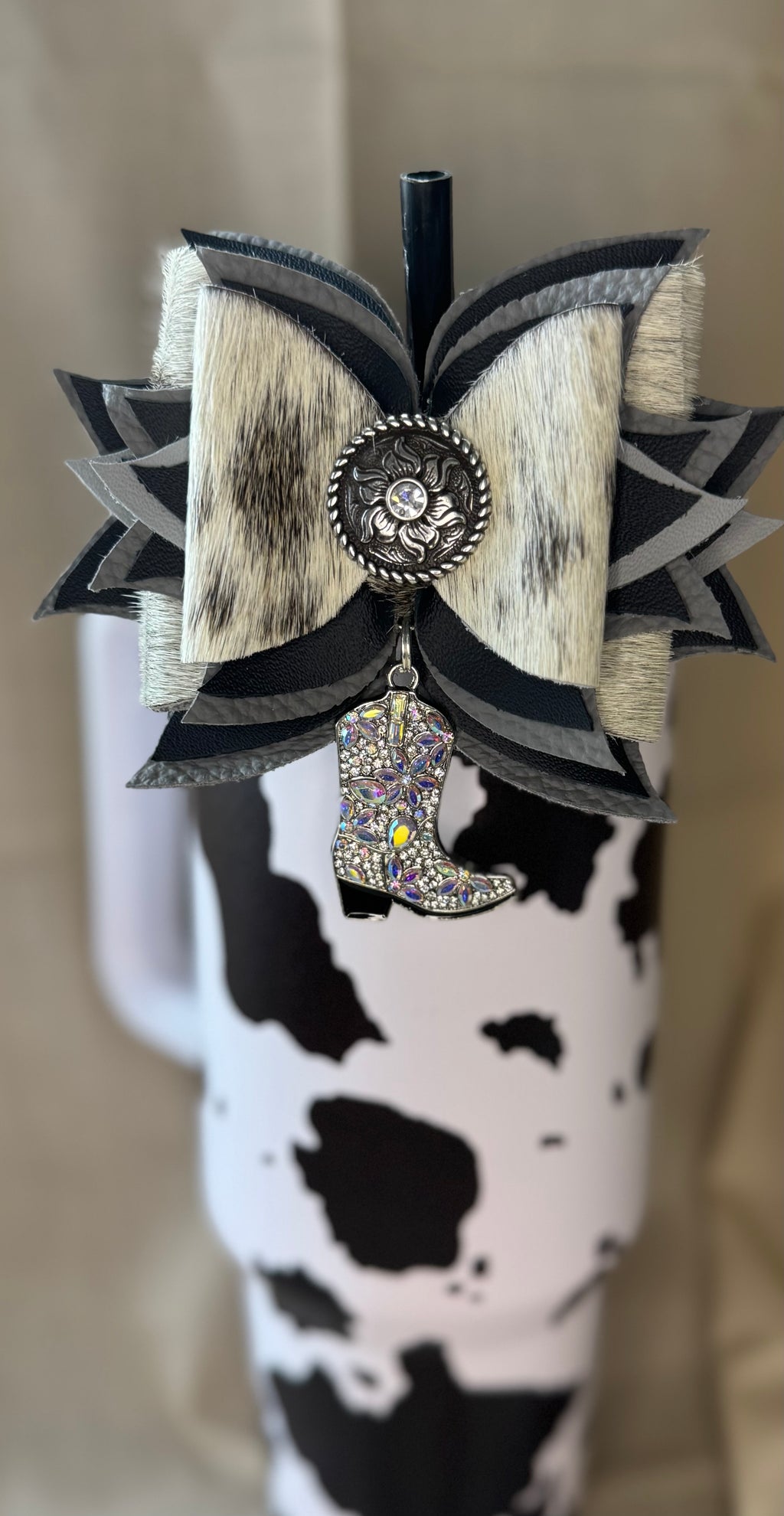 Genuine leather hair on cow hide tumbler straw bow