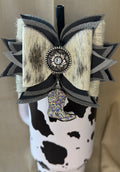 Genuine leather hair on cow hide tumbler straw bow
