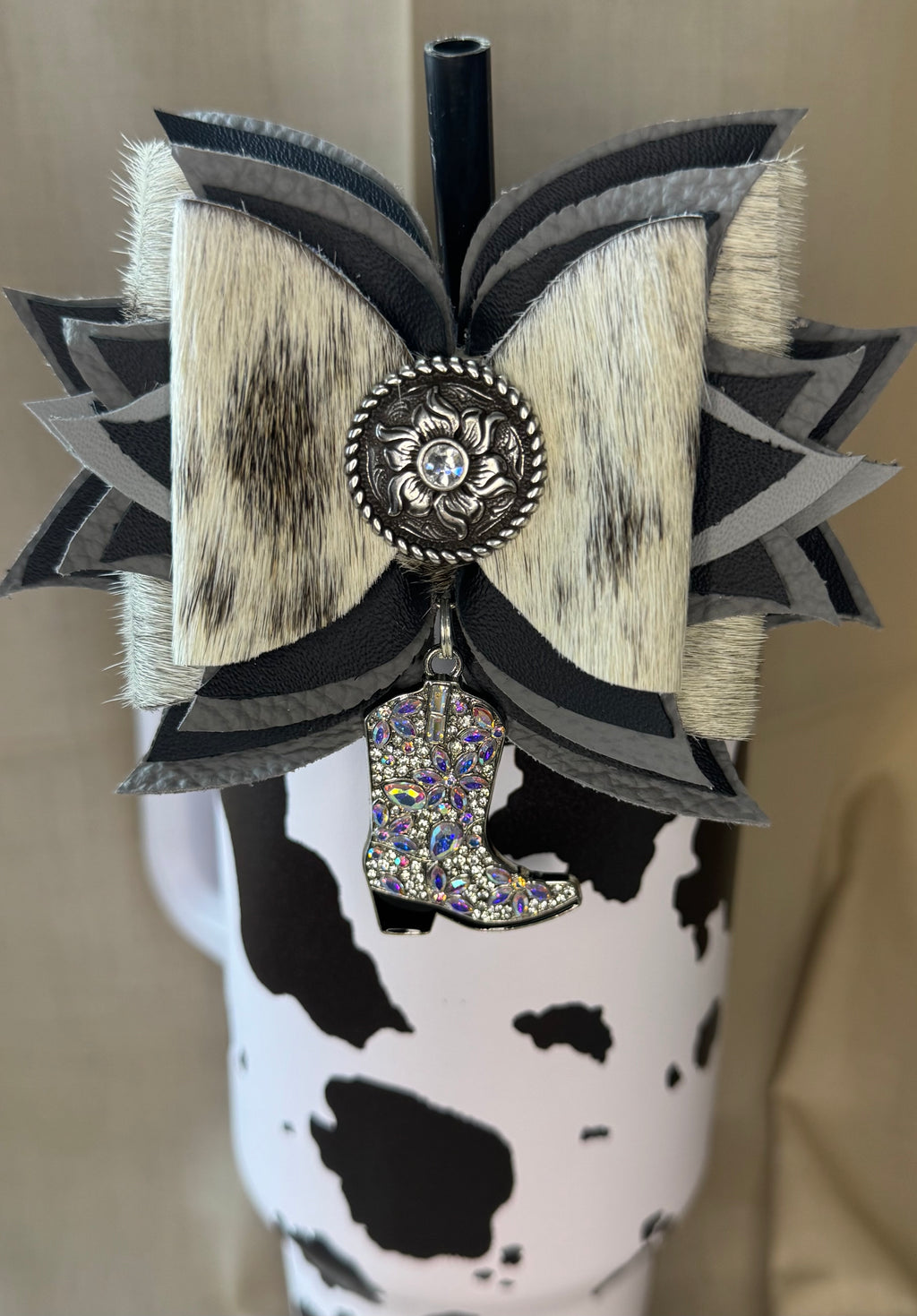 Genuine leather hair on cow hide tumbler straw bow