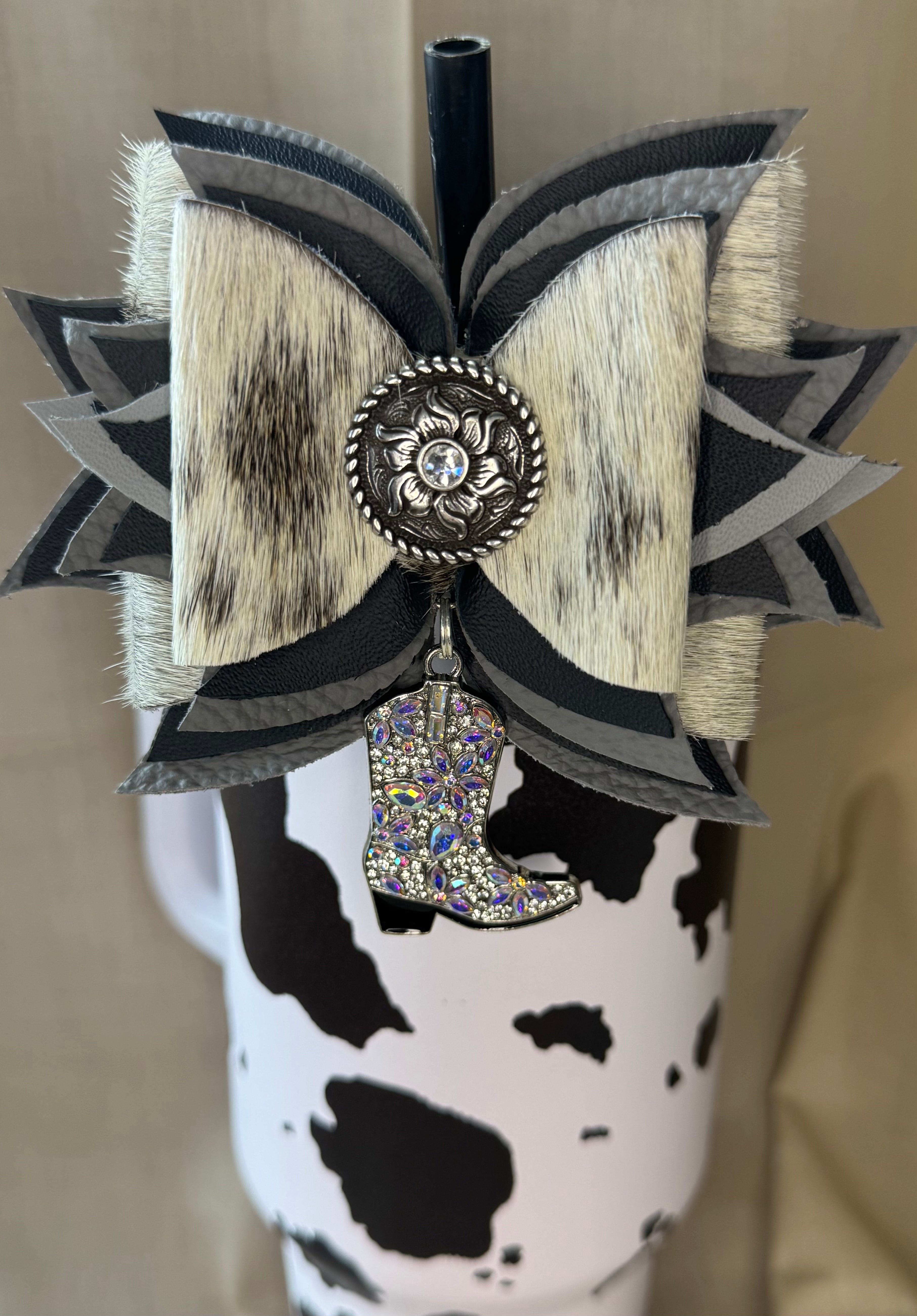 Genuine leather hair on cow hide tumbler straw bow