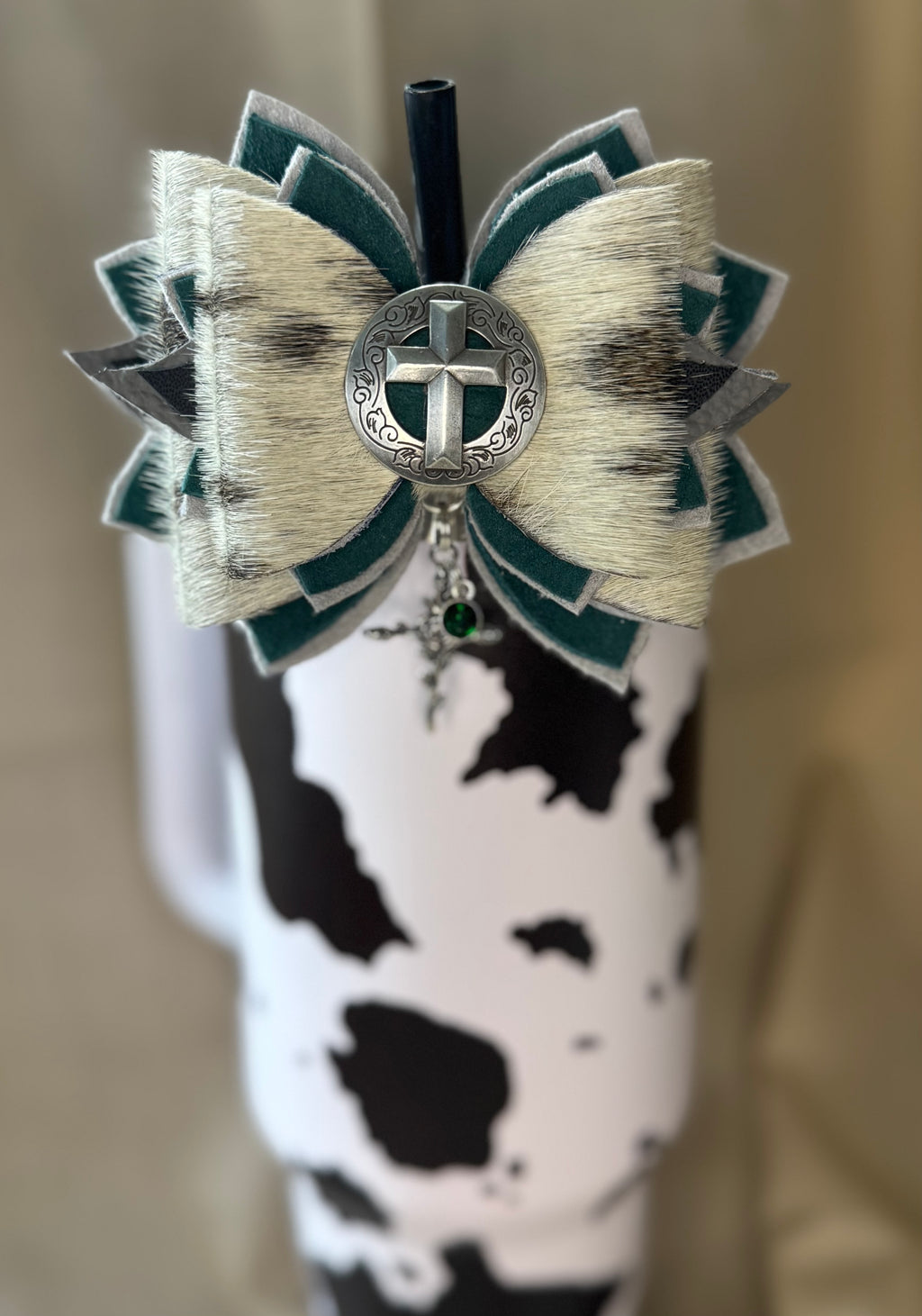 Genuine leather hair on cow hide tumbler straw bow Green