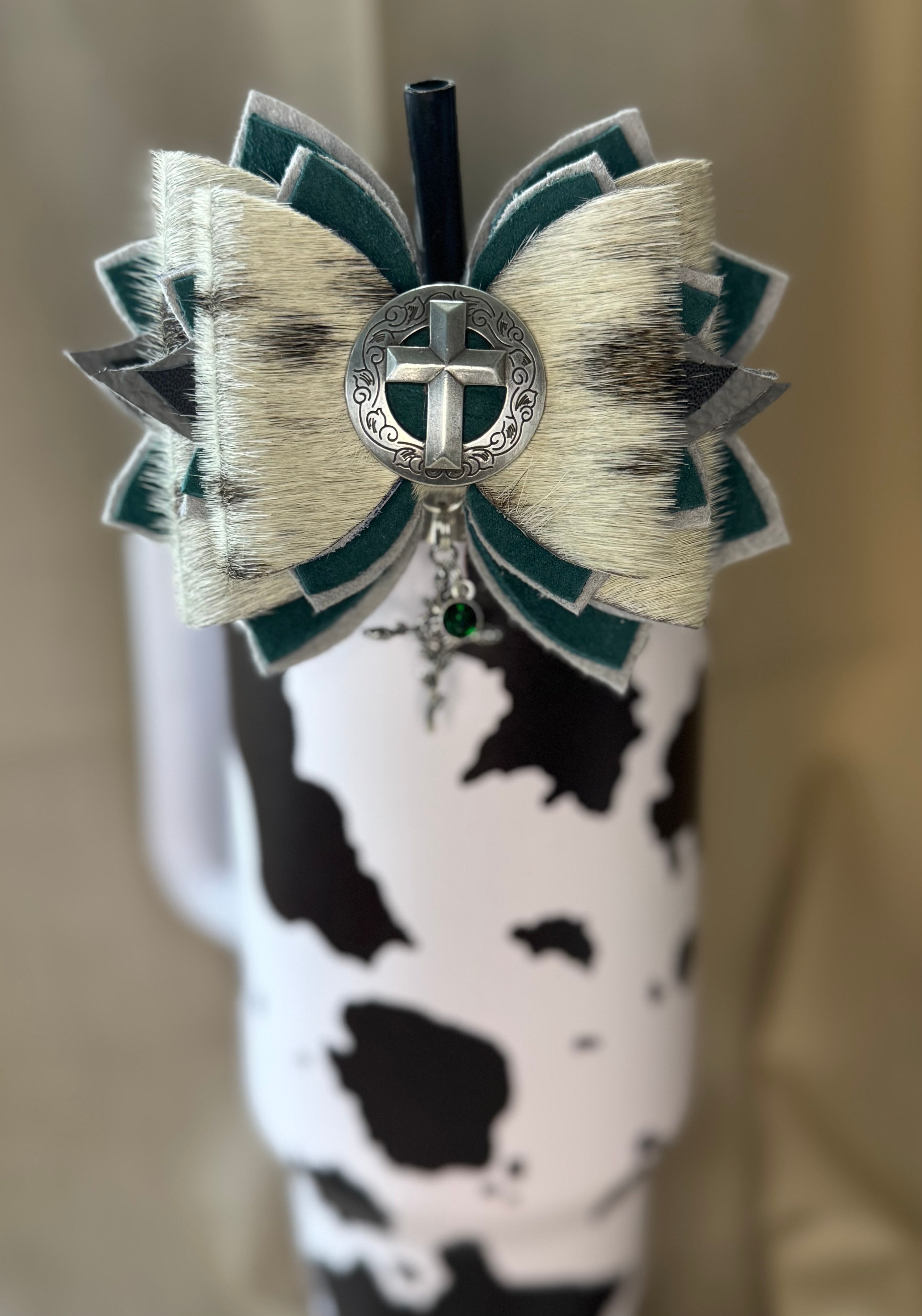 Genuine leather hair on cow hide tumbler straw bow Green