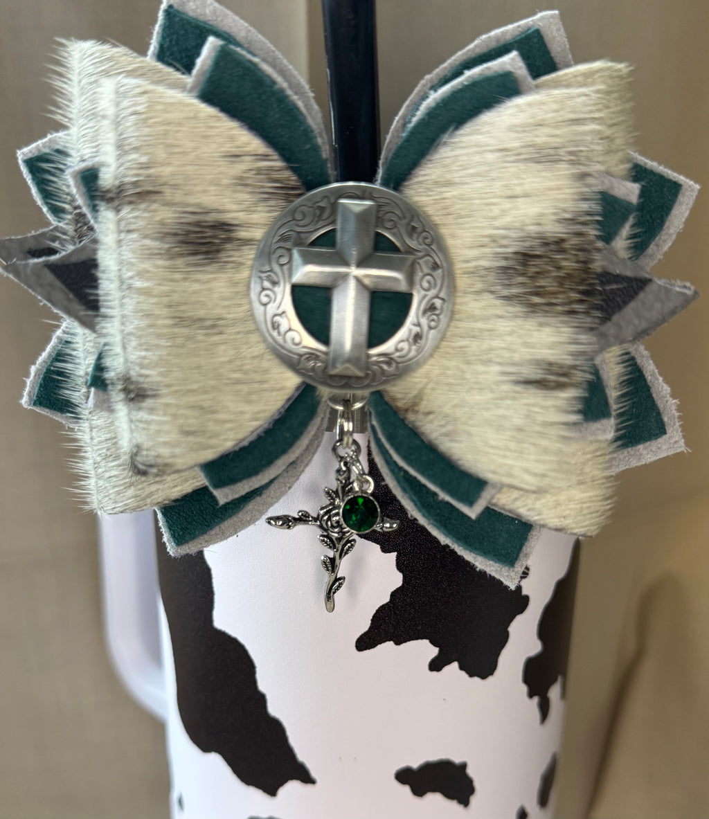 Genuine leather hair on cow hide tumbler straw bow Green