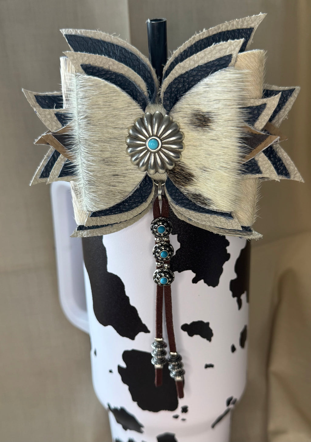 Genuine leather hair on cow hide tumbler straw bow Navy