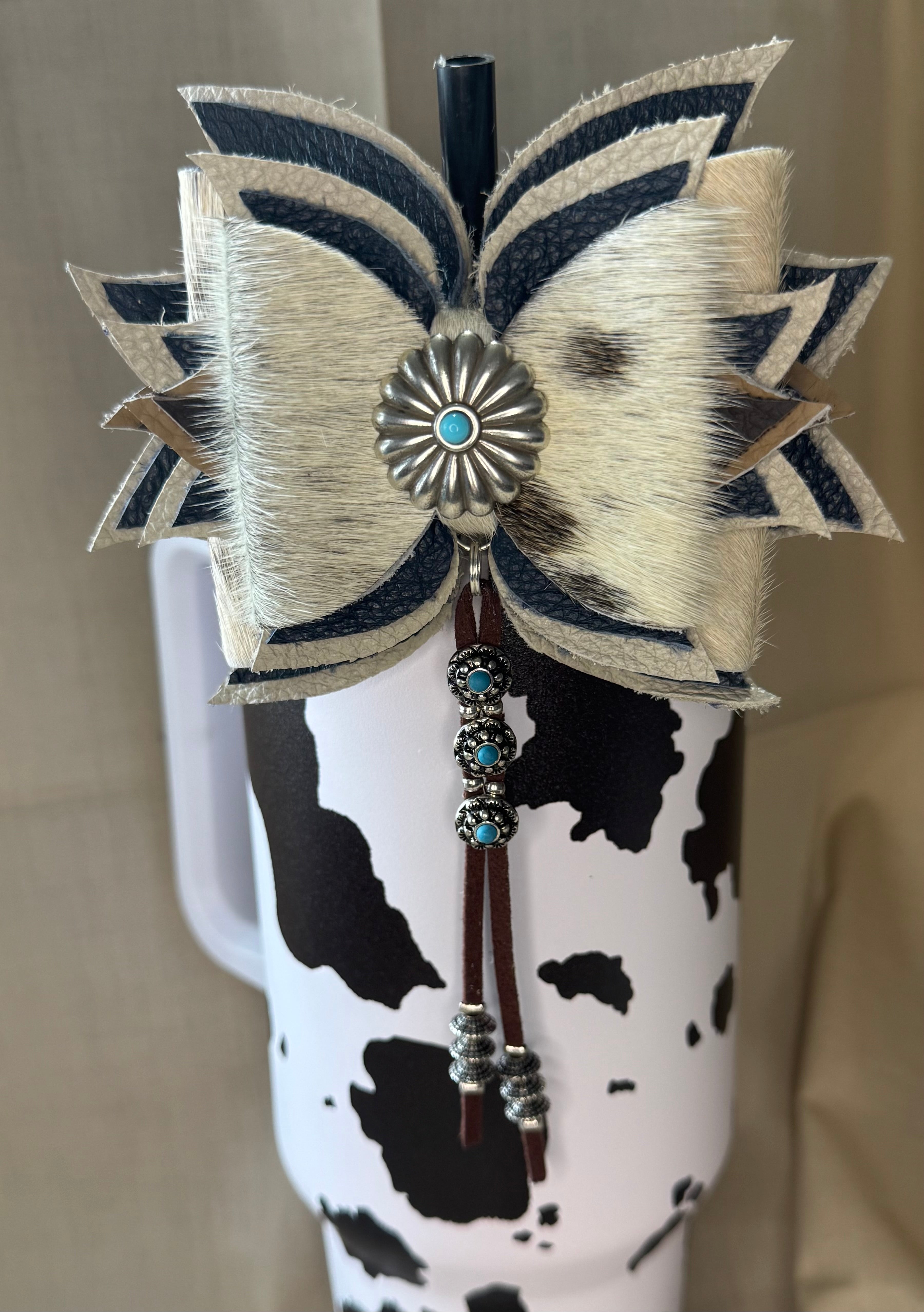 Genuine leather hair on cow hide tumbler straw bow Navy