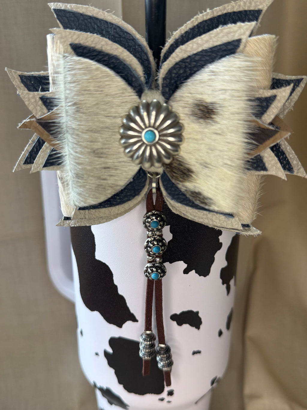 Genuine leather hair on cow hide tumbler straw bow Navy