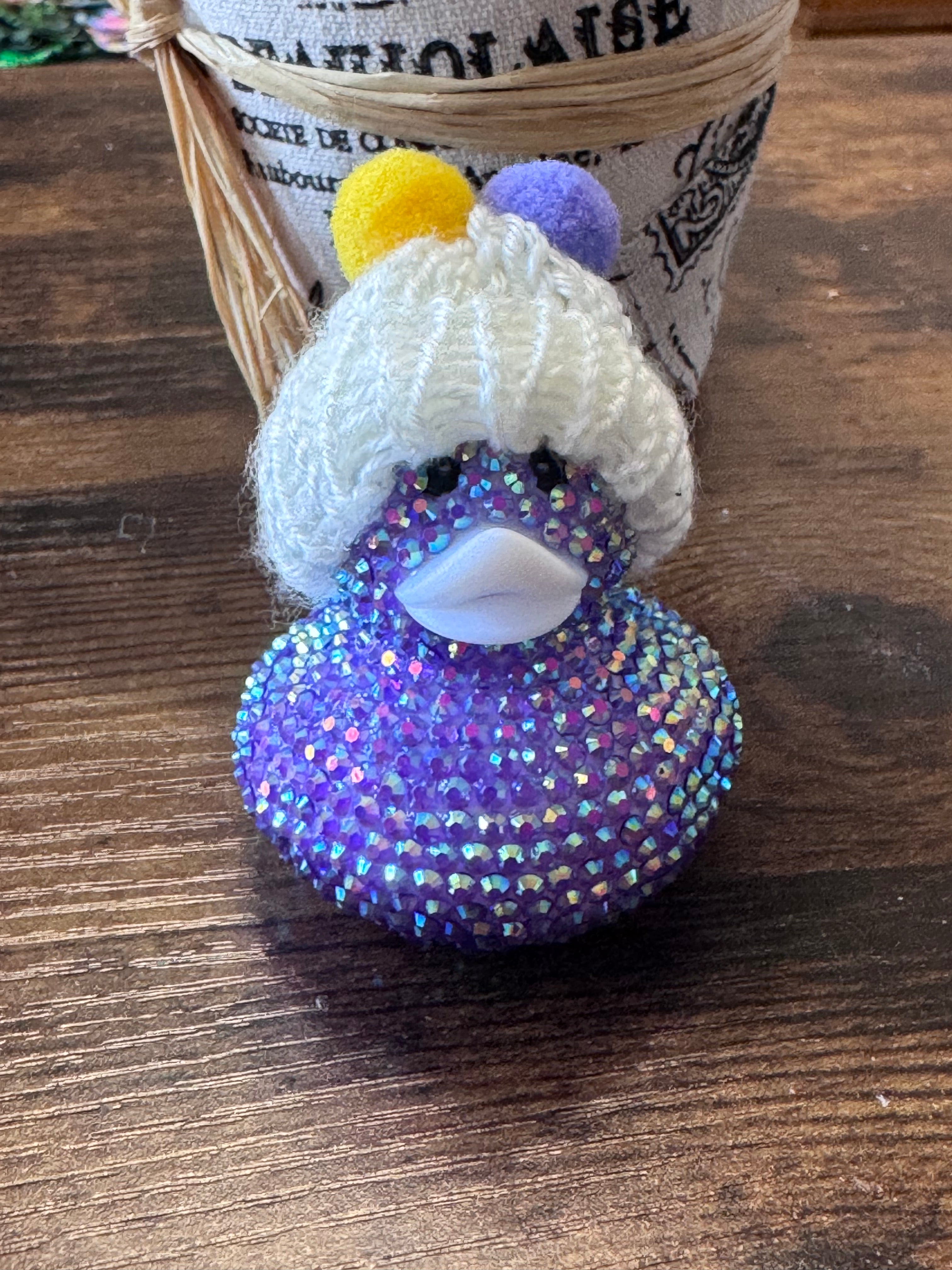 Cute purple bling bedazzled duck with beanie hat