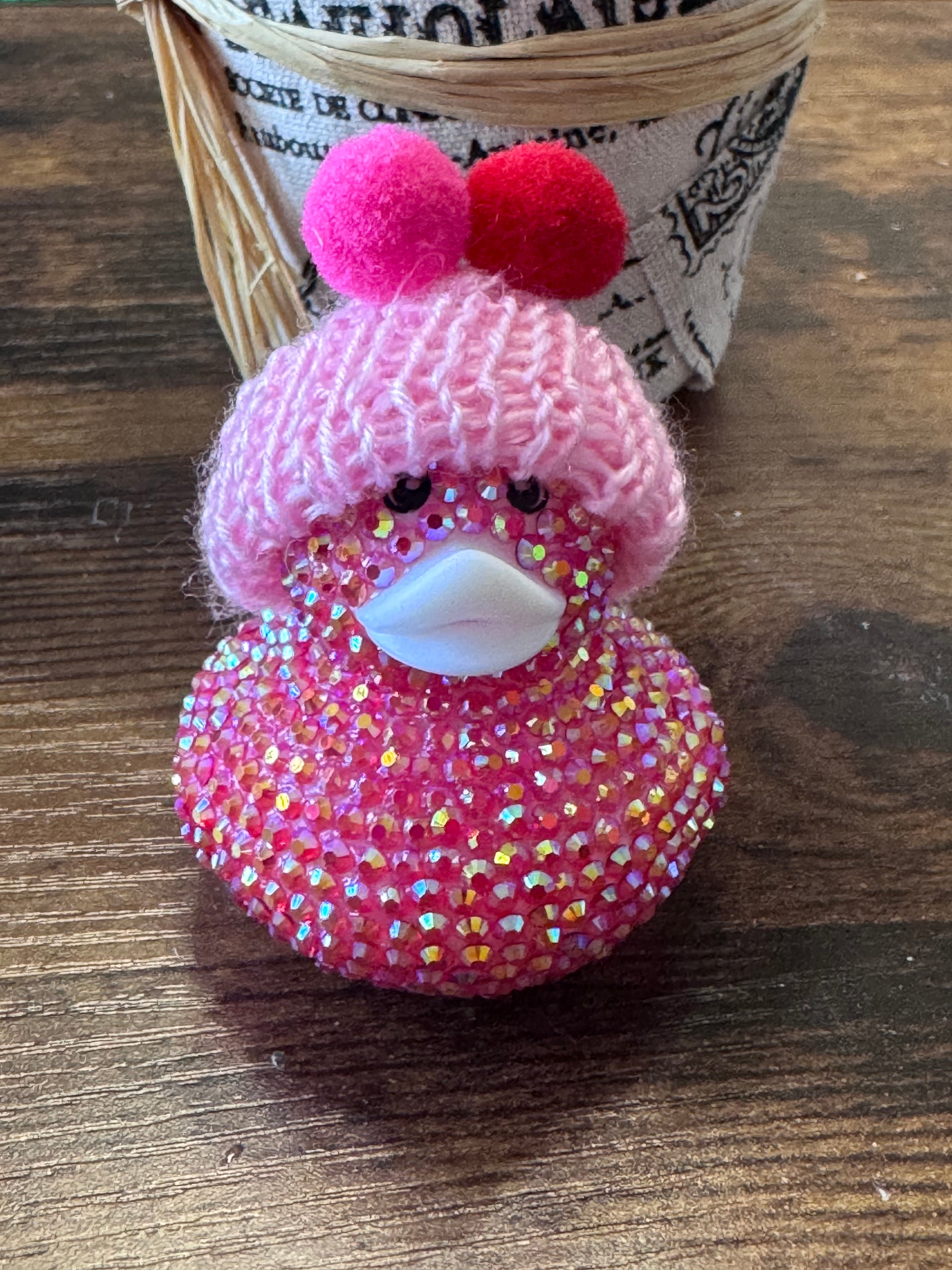 Cutie bling bedazzled pink duck with beanie hat