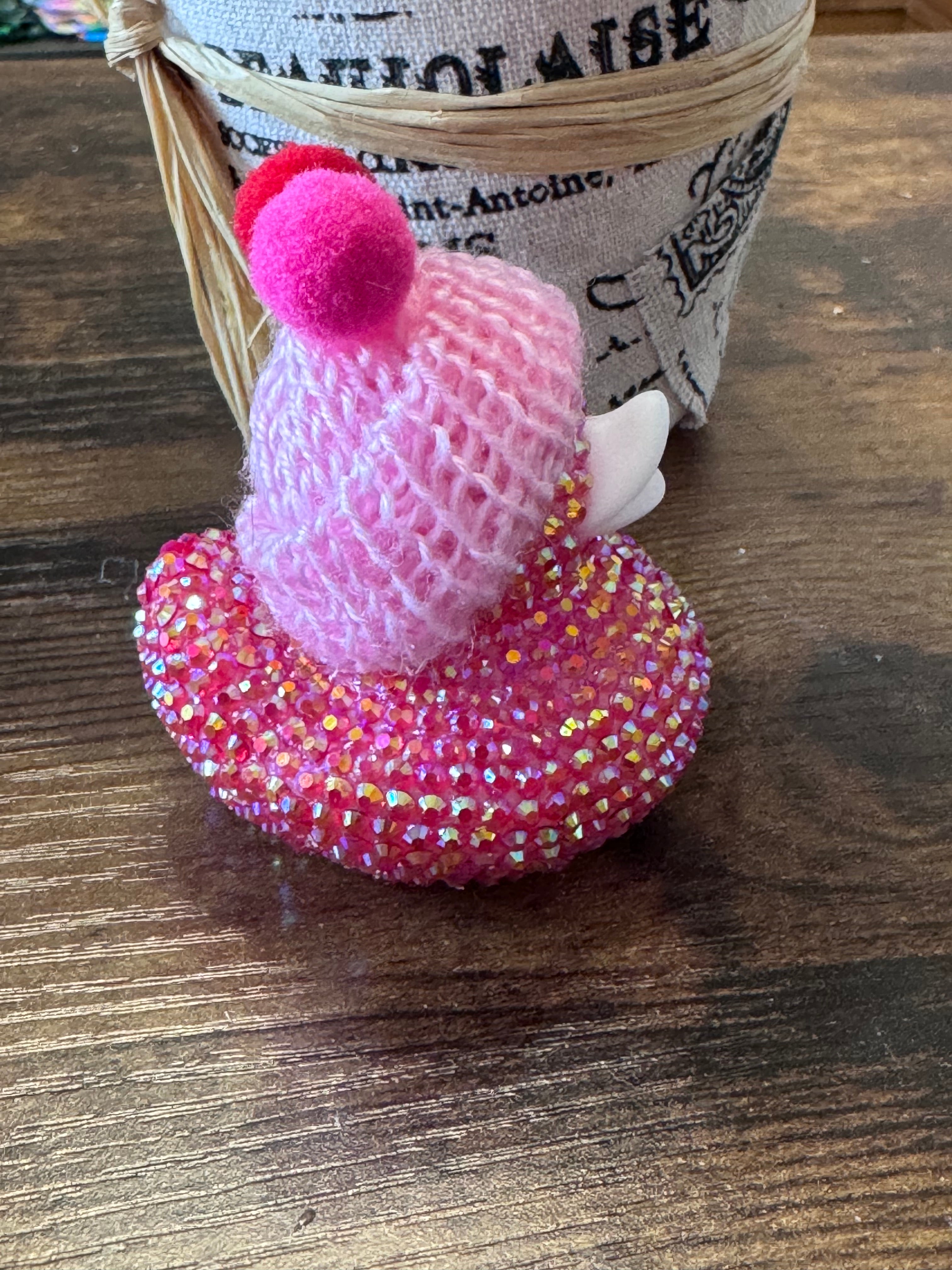 Cutie bling bedazzled pink duck with beanie hat