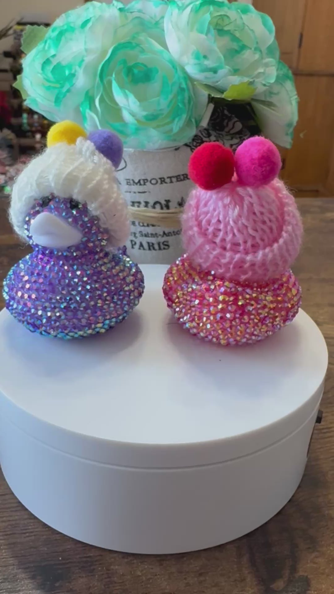 Cute purple bling bedazzled duck with beanie hat